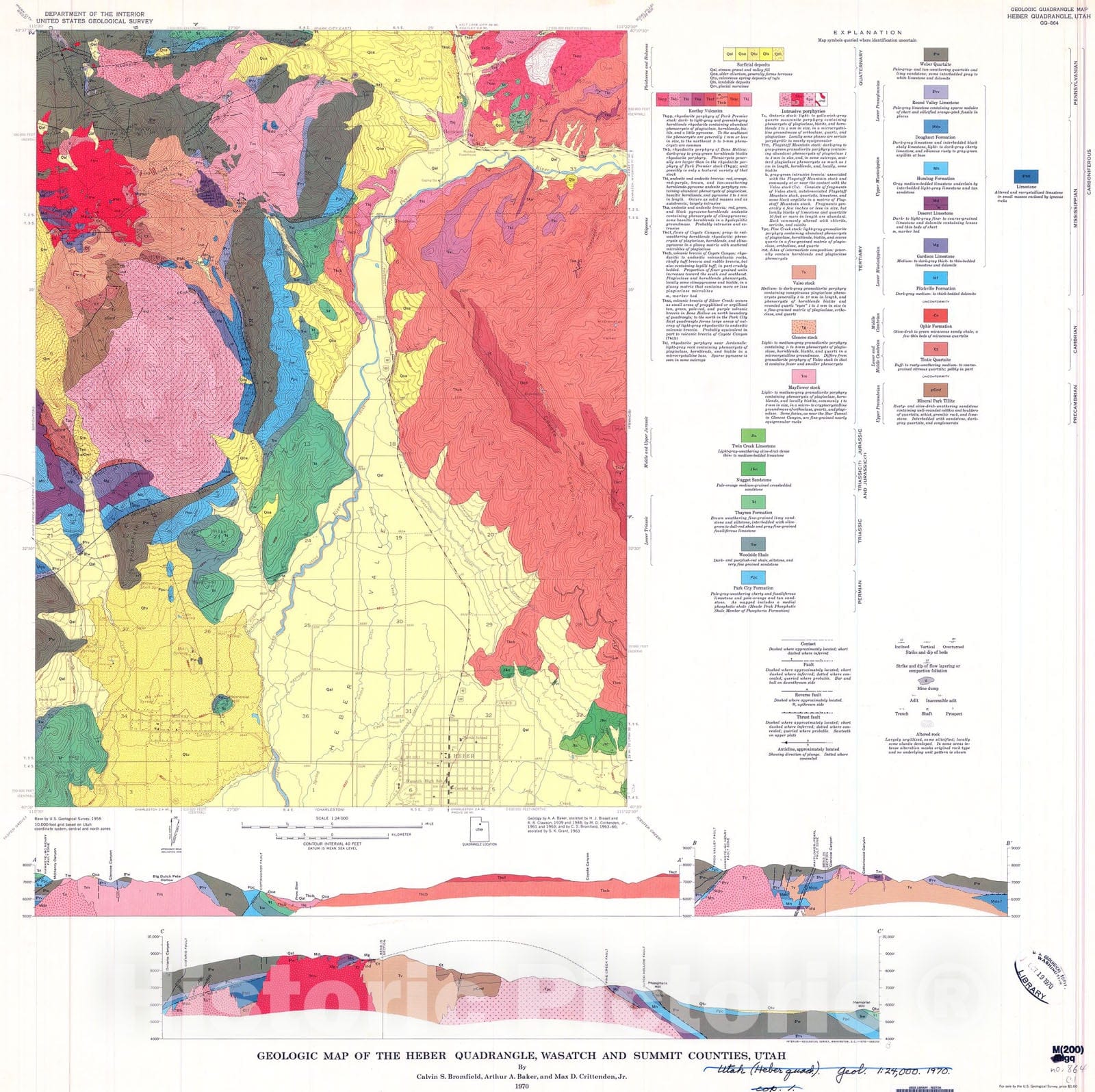 Map : Geologic map of the Heber quadrangle, Wasatch and Summit Counties, Utah, 1970 Cartography Wall Art :