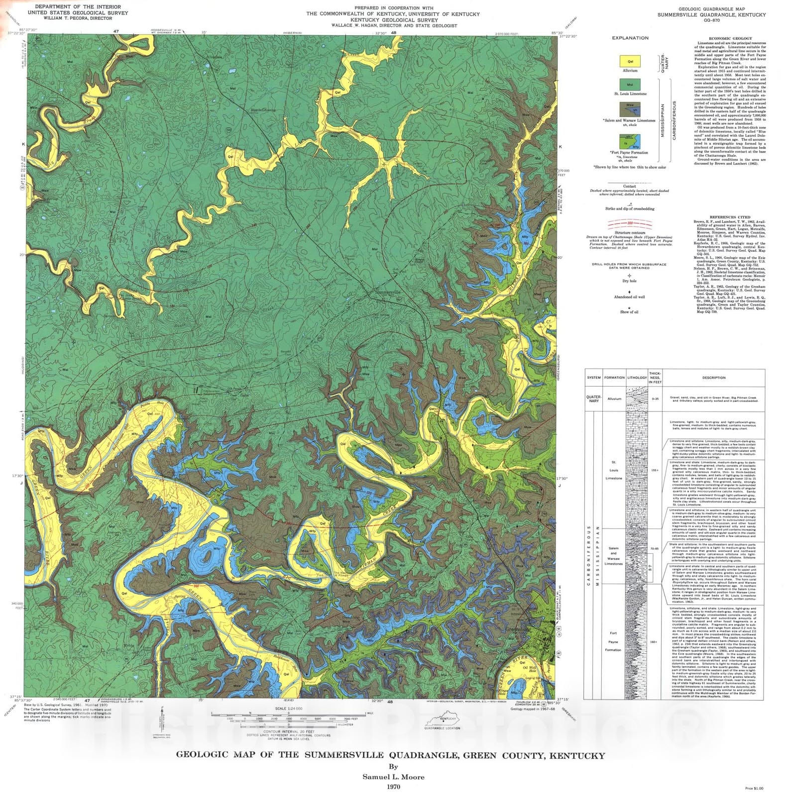 Map : Geologic map of the Summersville quadrangle, Green County, Kentucky, 1970 Cartography Wall Art :