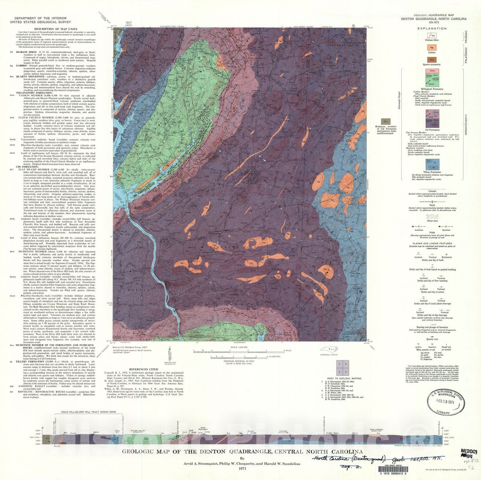 Map : Geologic map of the Denton quadrangle, central North Carolina, 1971 Cartography Wall Art :