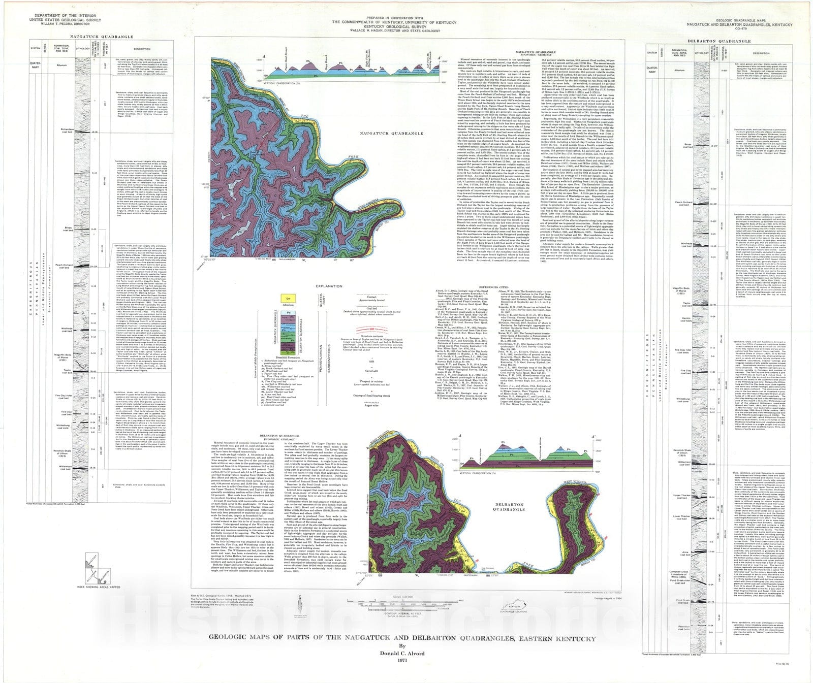 Map : Geologic maps of parts of the Naugatuck and Delbarton quadrangles, eastern Kentucky, 1971 Cartography Wall Art :