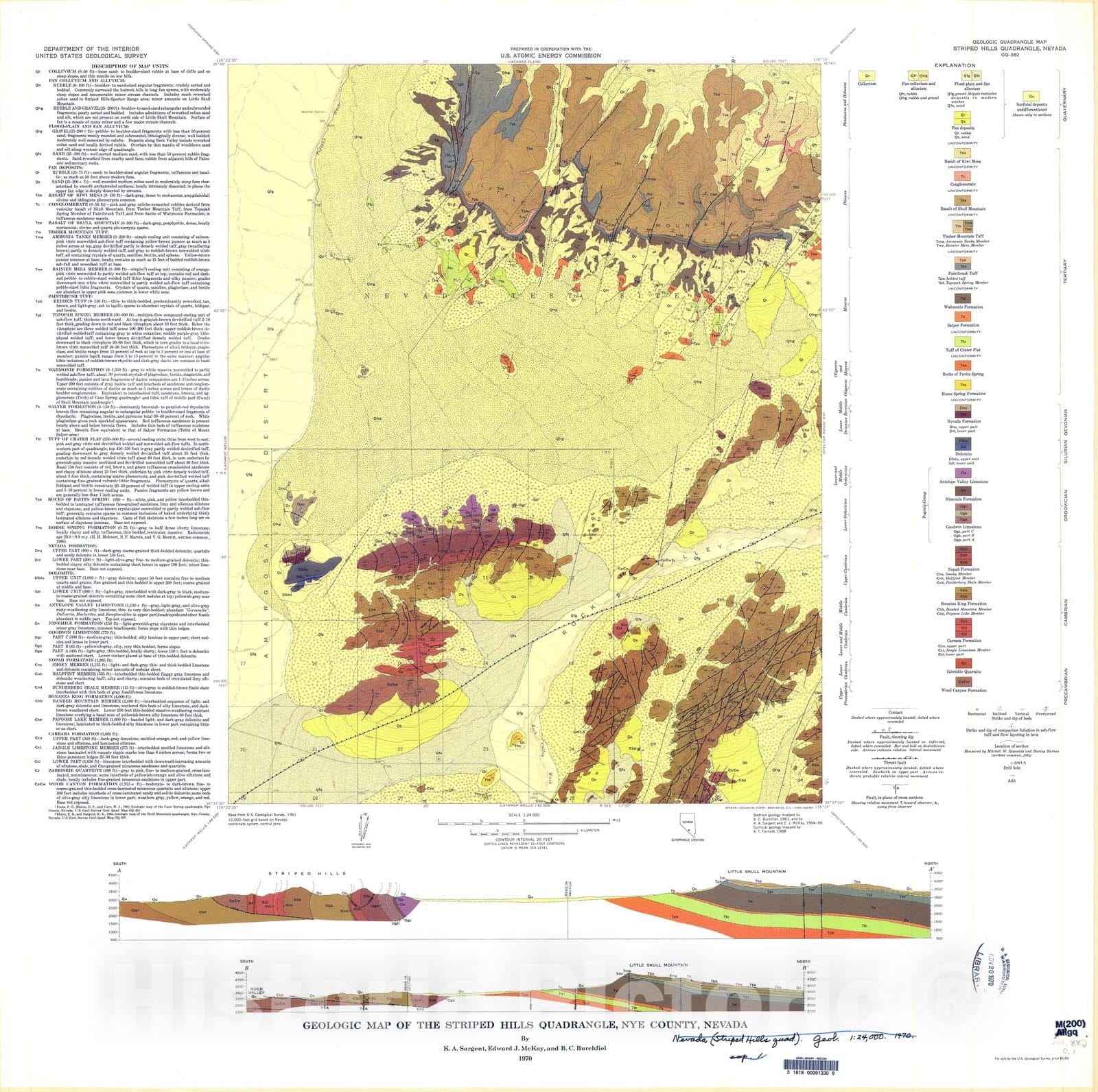 Map : Geologic map of the Striped Hills quadrangle, Nye County, Nevada, 1970 Cartography Wall Art :