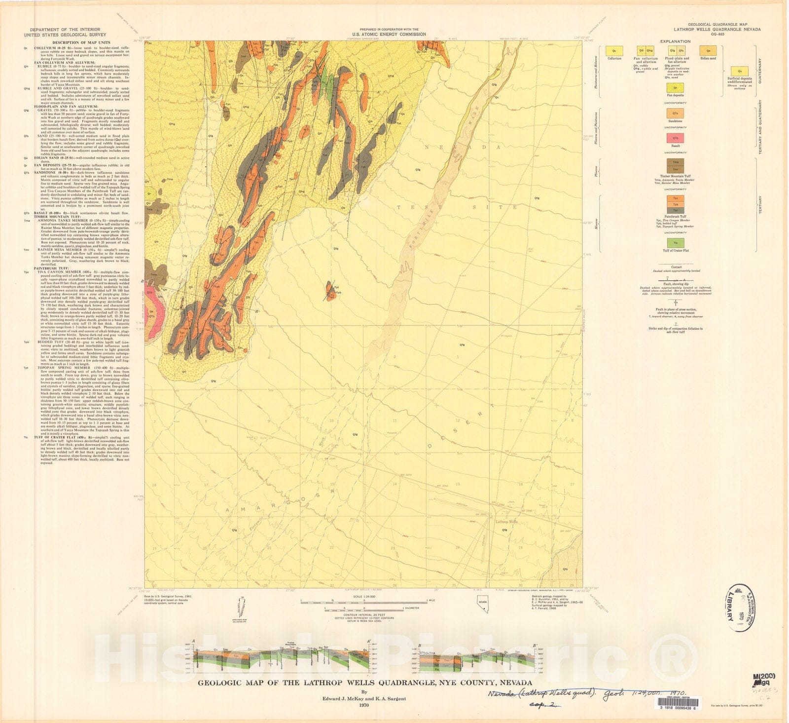 Map : Geologic map of the Lathrop Wells quadrangle, Nye County, Nevada, 1970 Cartography Wall Art :