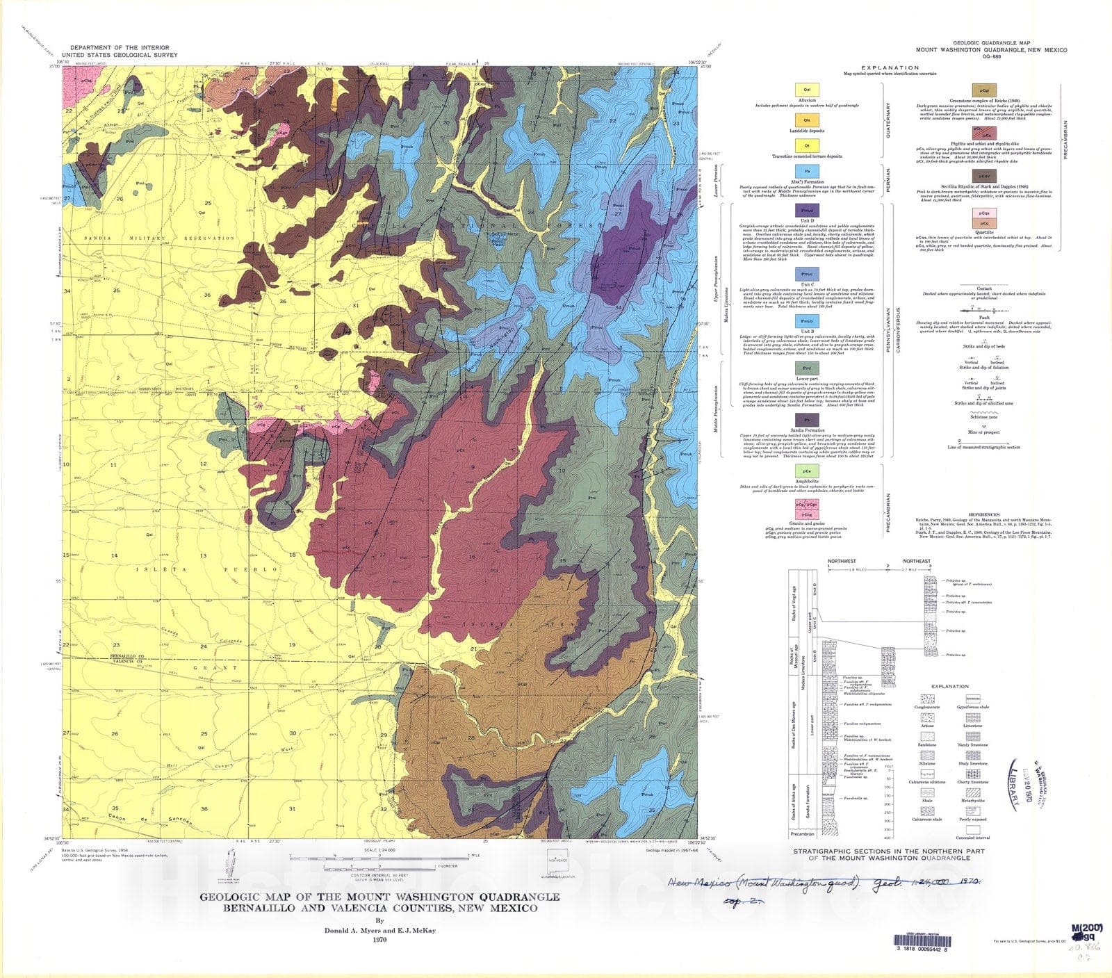 Map : Geologic map of the Mount Washington quadrangle, Bernalillo and Valencia Counties, New Mexico, 1970 Cartography Wall Art :
