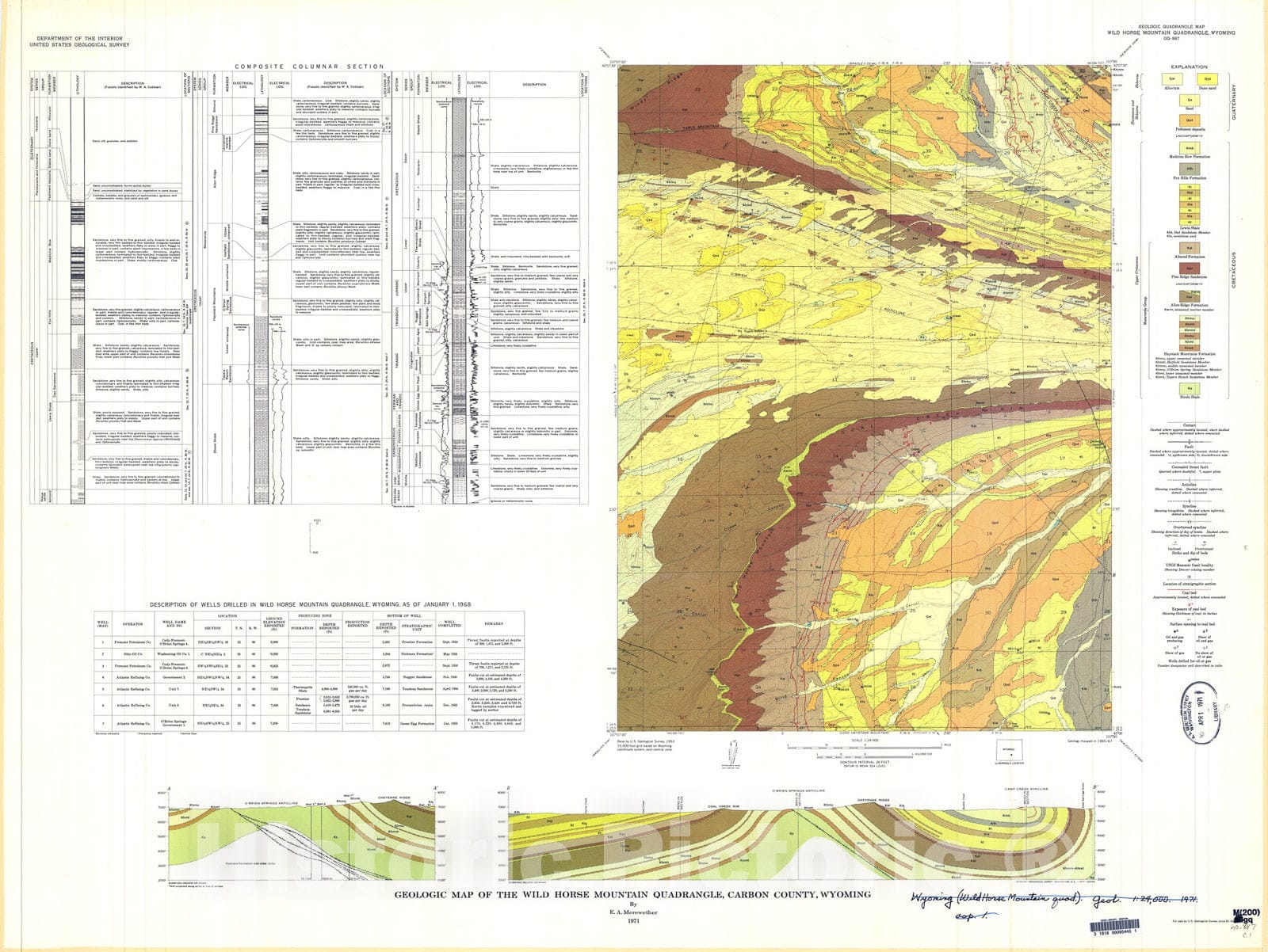Map : Geologic map of the Wild Horse Mountain quadrangle, Carbon County, Wyoming, 1971 Cartography Wall Art :