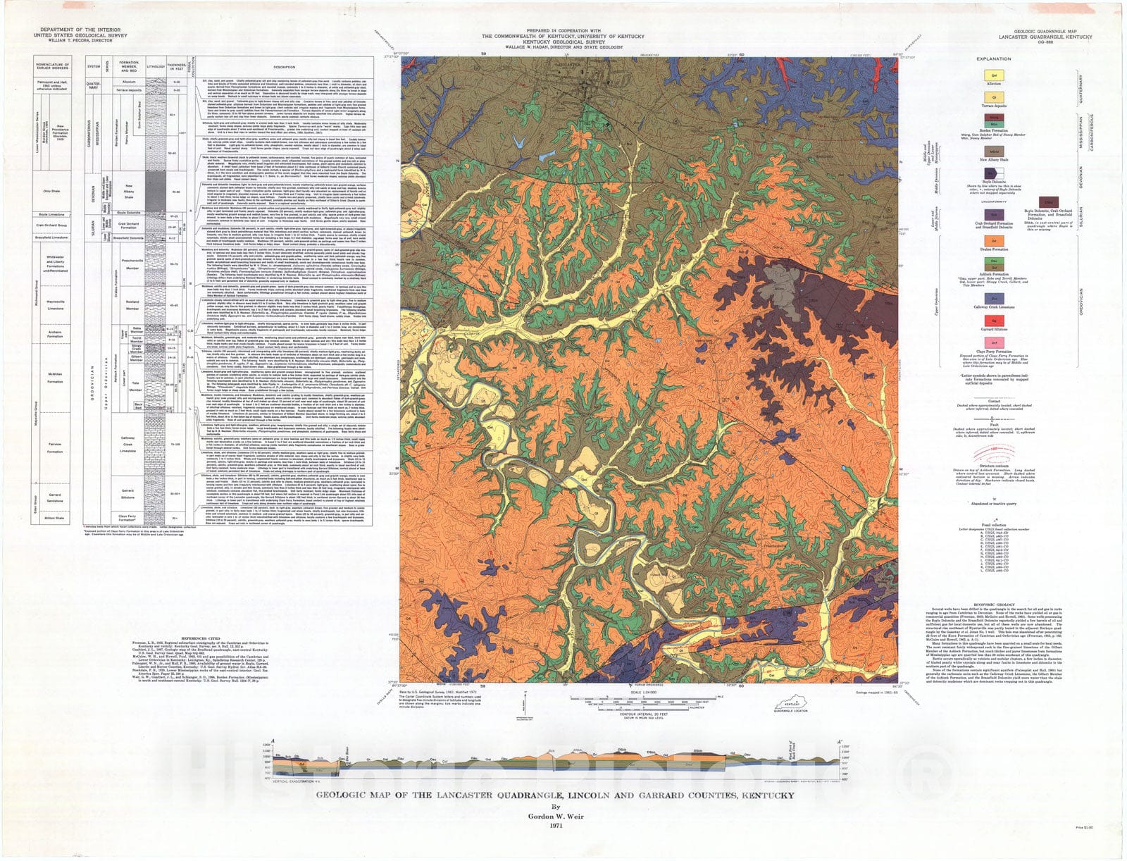 Map : Geologic map of the Lancaster quadrangle, Lincoln and Garrard Counties, Kentucky, 1971 Cartography Wall Art :