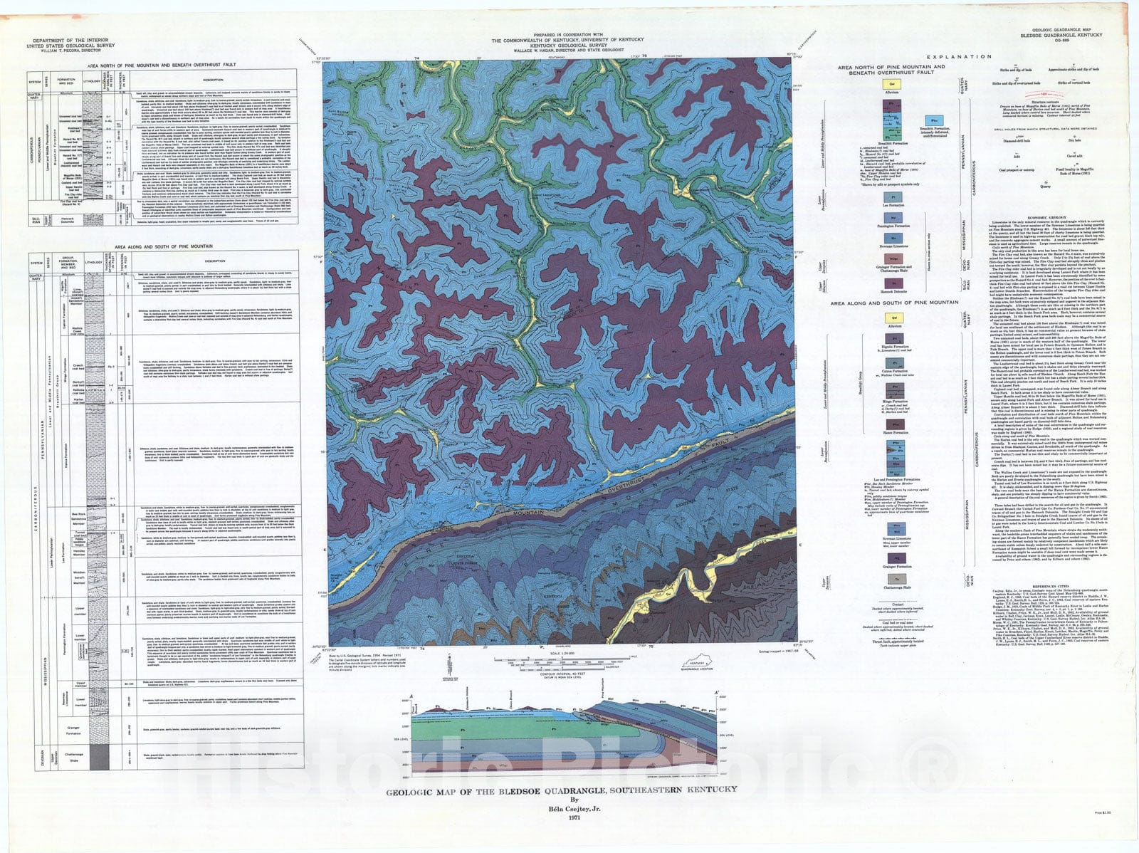 Map : Geologic map of the Bledsoe quadrangle, southeastern Kentucky, 1971 Cartography Wall Art :
