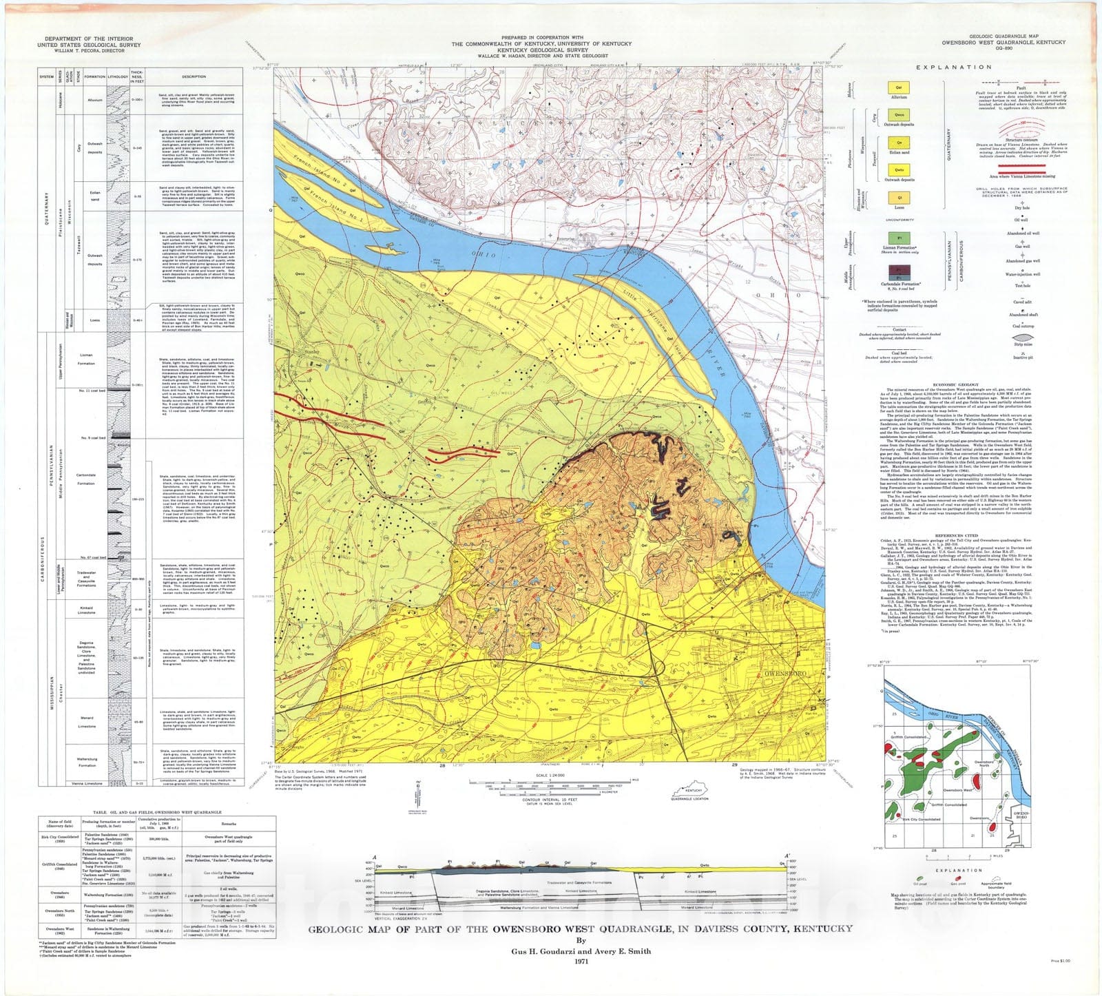 Map : Geologic map of part of the Owensboro West quadrangle, in Daviess County, Kentucky, 1971 Cartography Wall Art :