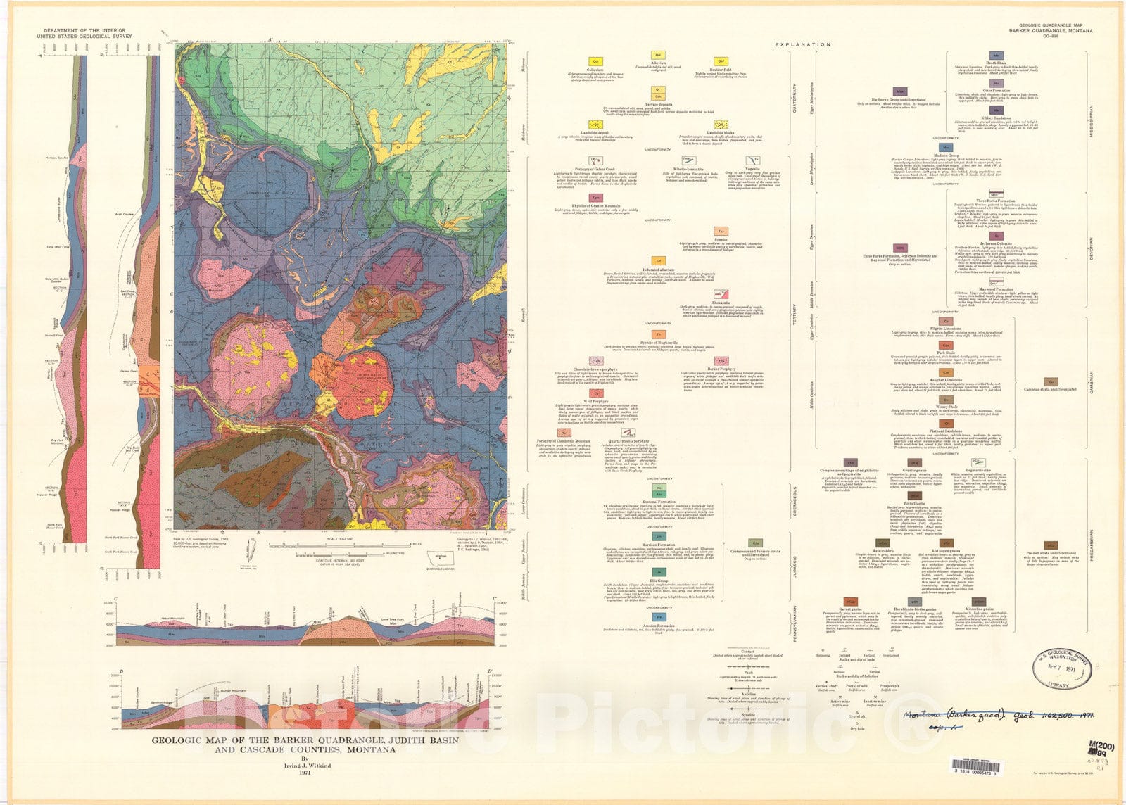 Map : Geologic map of the Barker quadrangle, Judith Basin and Cascade Counties, Montana, 1971 Cartography Wall Art :