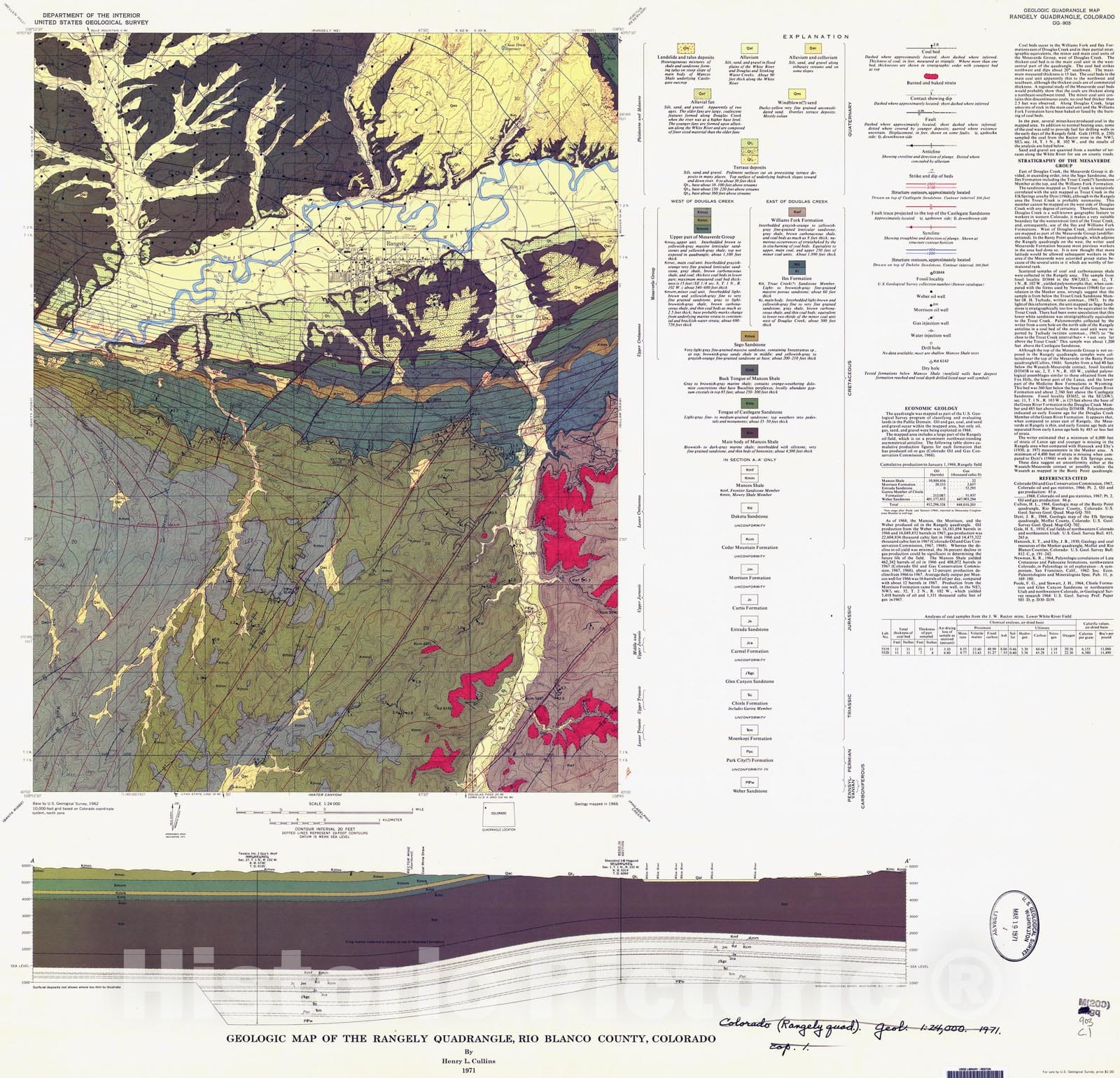 Map : Geologic map of the Rangely quadrangle, Rio Blanco County, Colorado, 1971 Cartography Wall Art :