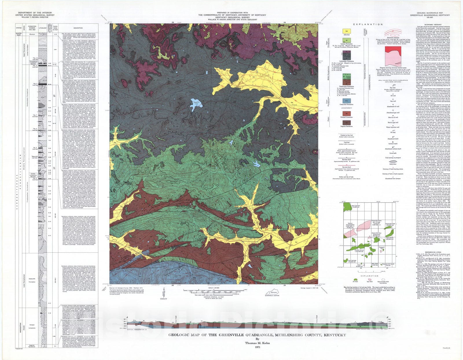 Map : Geologic map of the Greenville quadrangle, Muhlenberg County, Kentucky, 1971 Cartography Wall Art :