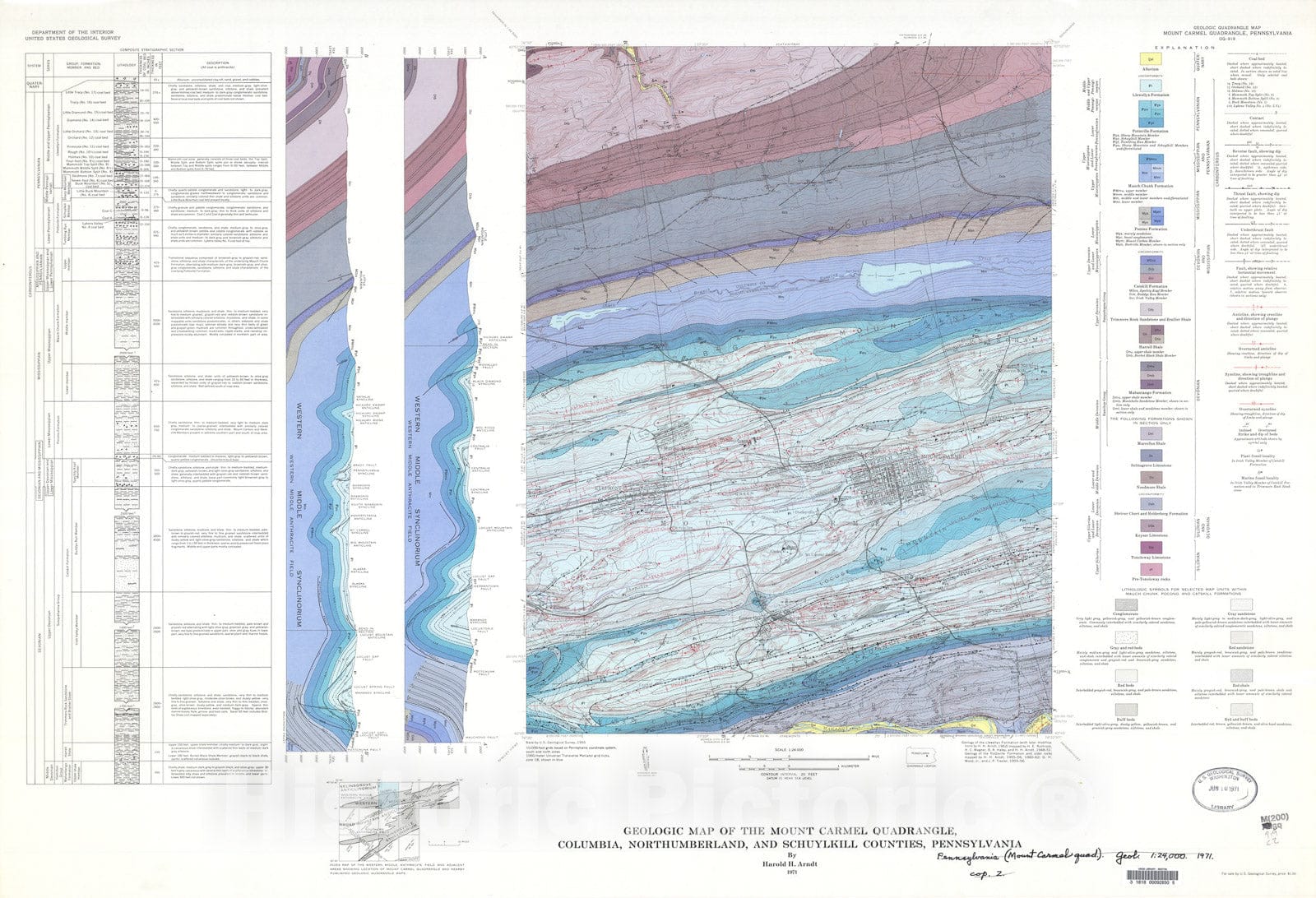 Map : Geologic map of the Mount Carmel quadrangle, Columbia, Northumberland, and Schuylkill Counties, Pennsylvania, 1971 Cartography Wall Art :
