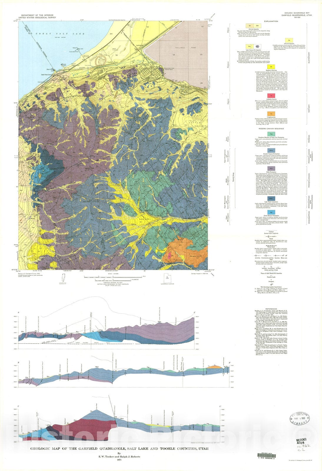 Map : Geologic map of the Garfield quadrangle, Salt Lake and Tooele Counties, Utah, 1971 Cartography Wall Art :