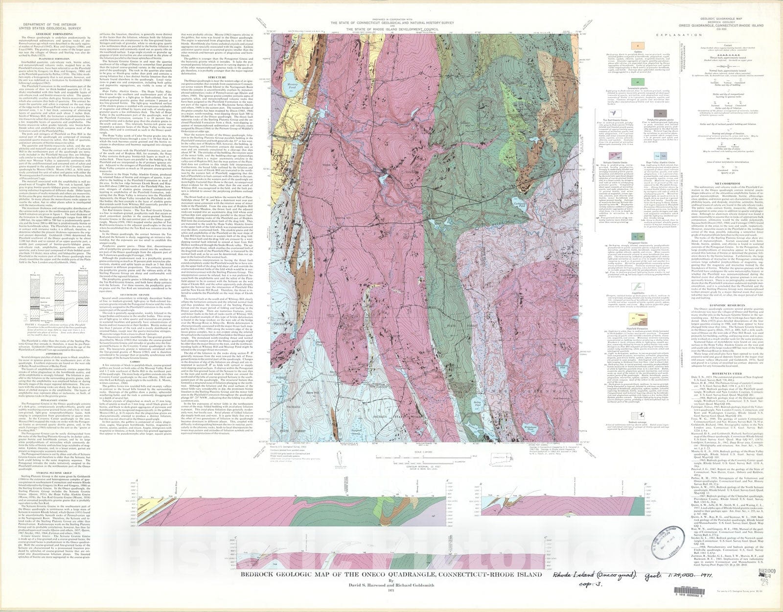Map : Bedrock geologic map of the Oneco quadrangle, Connecticut-Rhode Island, 1971 Cartography Wall Art :
