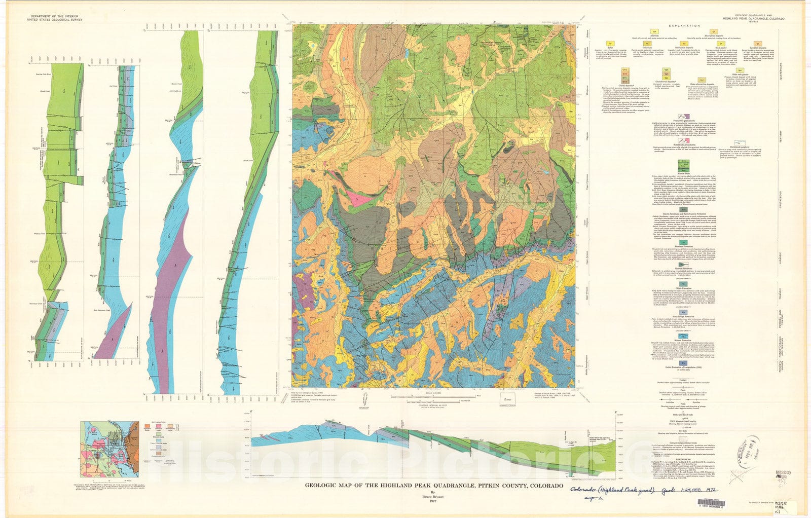 Map : Geologic map of the Highland Peak quadrangle, Pitkin County, Colorado, 1972 Cartography Wall Art :