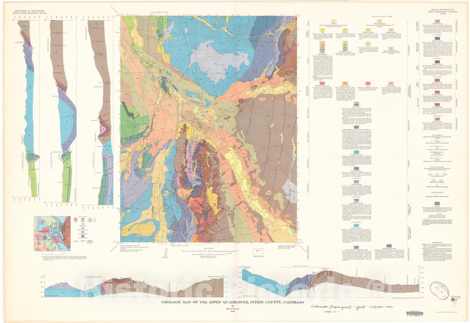 Map : Geologic map of the Aspen quadrangle, Pitkin County, Colorado, 1971 Cartography Wall Art :