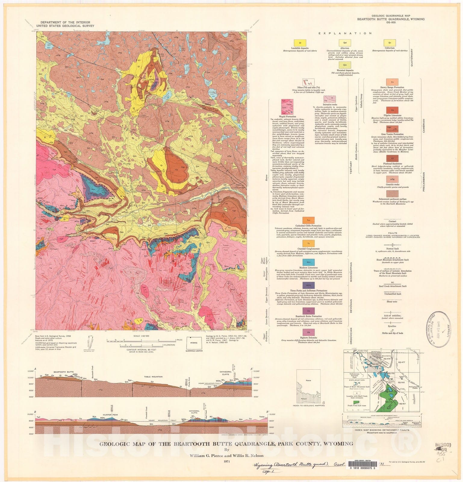 Map : Geologic map of the Beartooth Butte quadrangle, Park County, Wyoming, 1971 Cartography Wall Art :
