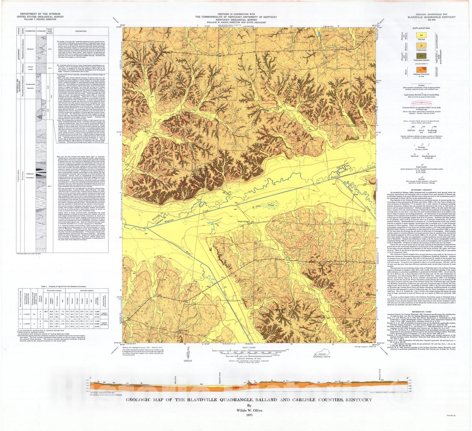 Map : Geologic map of the Blandville quadrangle, Ballard and Carlisle Counties, Kentucky, 1971 Cartography Wall Art :