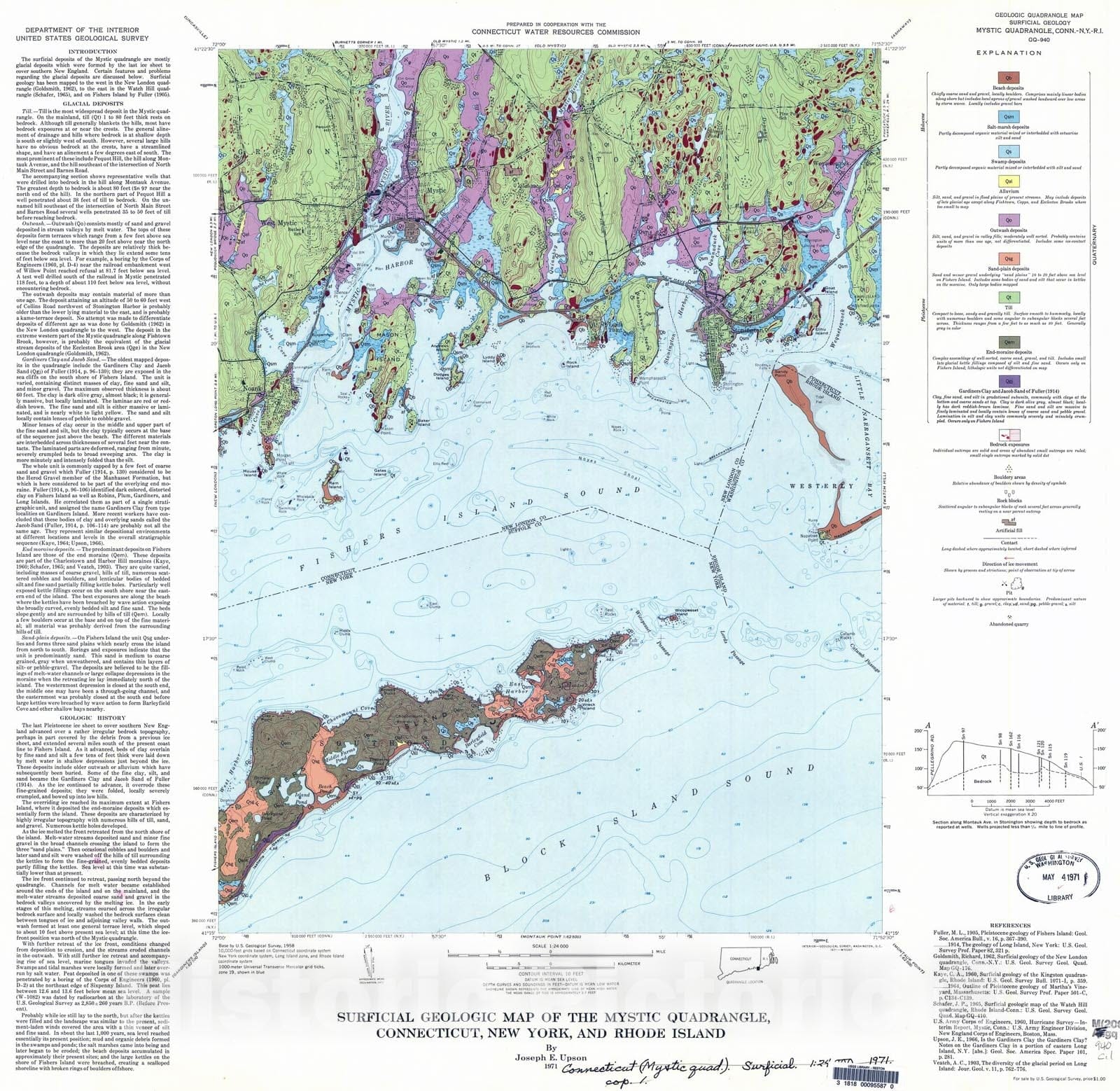 Map : Surficial geologic map of the Mystic quadrangle, Connecticut, New York, and Rhode Island, 1971 Cartography Wall Art :