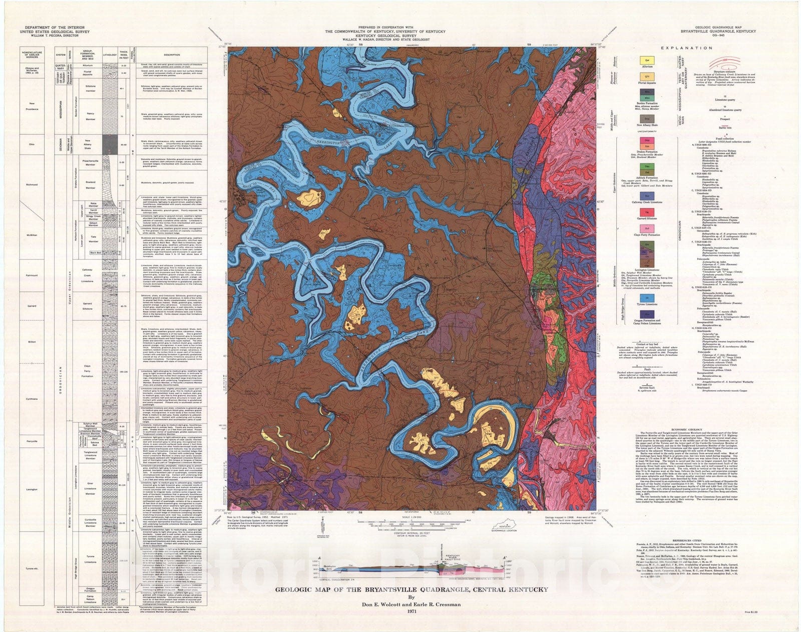 Map : Geologic map of the Bryantsville quadrangle, central Kentucky, 1971 Cartography Wall Art :