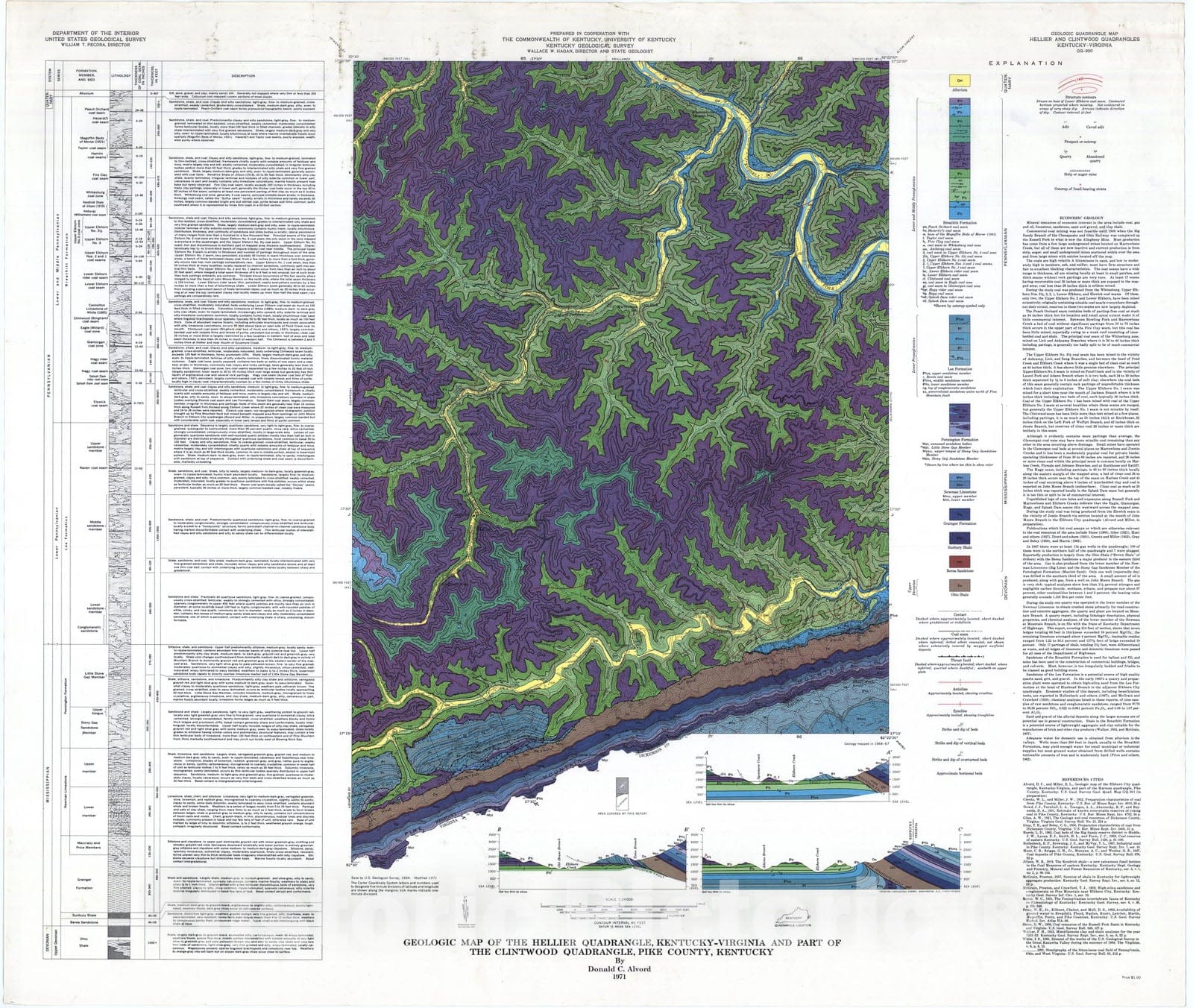 Map : Geologic map of the Hellier quadrangle, Kentucky-Virginia and part of the Clintwood quadrangle, Pike County, Kentucky, 1971 Cartography Wall Art :