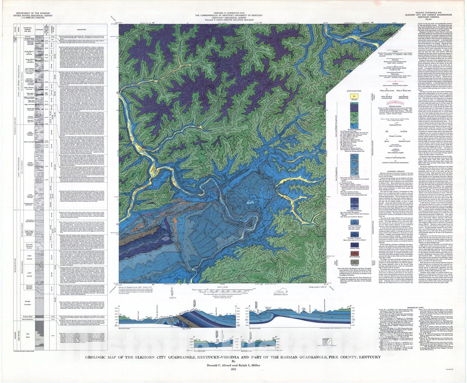 Map : Geologic map of the Elkhorn City quadrangle, Kentucky-Virginia and part of the Harman quadrangle, Pike County, Kentucky, 1971 Cartography Wall Art :