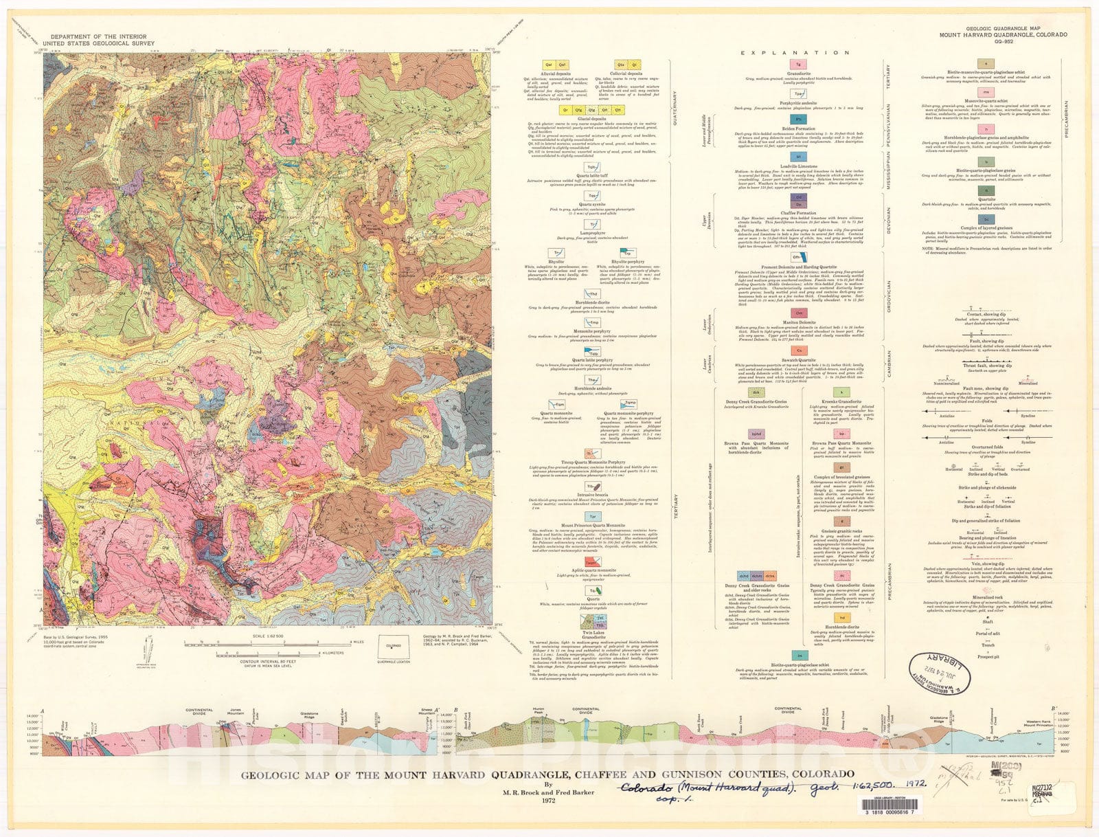 Map : Geologic map of the Mount Harvard quadrangle, Chaffee and Gunnison Counties, Colorado, 1972 Cartography Wall Art :