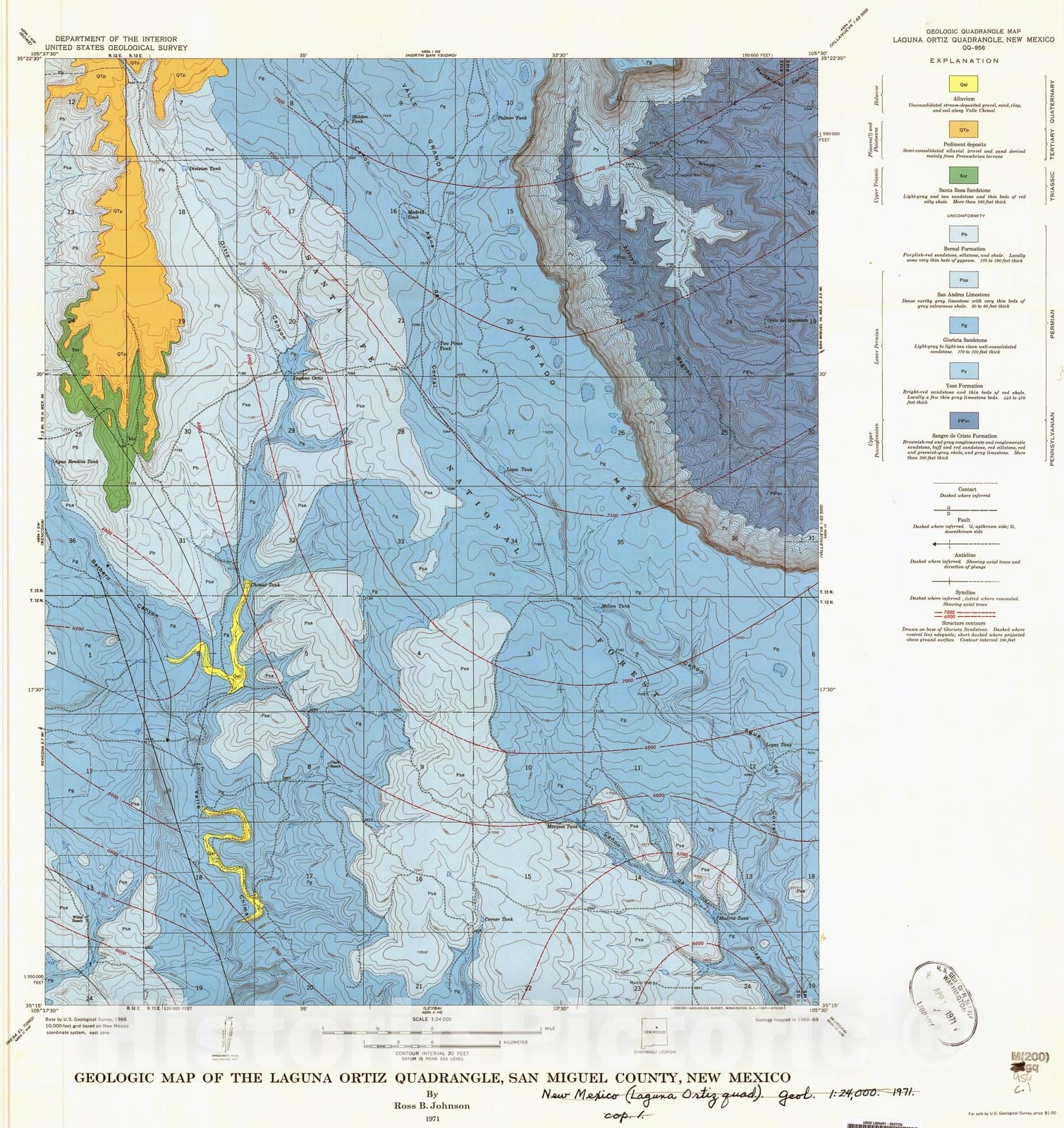 Map : Geologic map of the Laguna Ortiz quadrangle, San Miguel County, New Mexico, 1971 Cartography Wall Art :