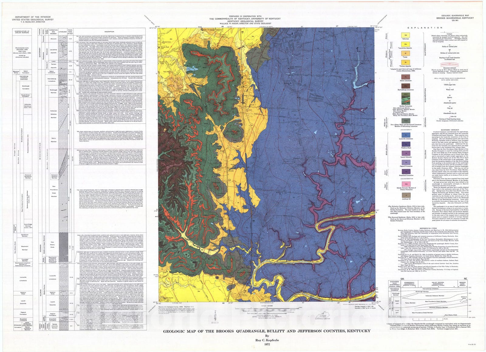 Map : Geologic map of the Brooks quadrangle, Bullitt and Jefferson Counties, Kentucky, 1972 Cartography Wall Art :