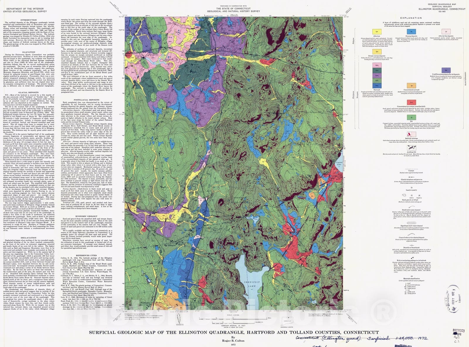 Map : Surficial geologic map of the Ellington quadrangle, Hartford and Tolland Counties, Connecticut, 1972 Cartography Wall Art :