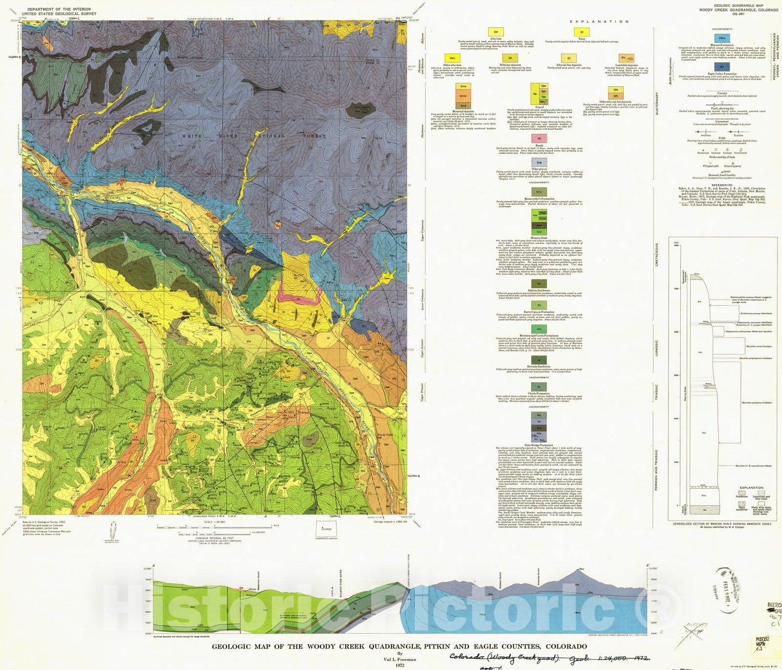Map : Geologic map of the Woody Creek quadrangle, Pitkin and Eagle Counties, Colorado, 1972 Cartography Wall Art :