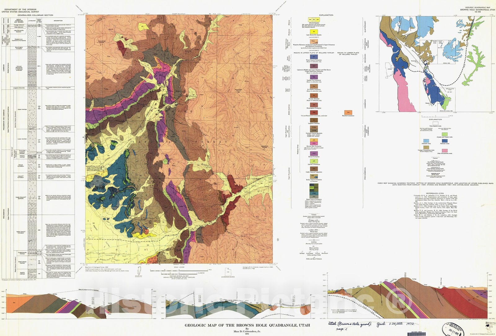 Map : Geologic map of the Browns Hole quadrangle, Utah, 1972 Cartography Wall Art :