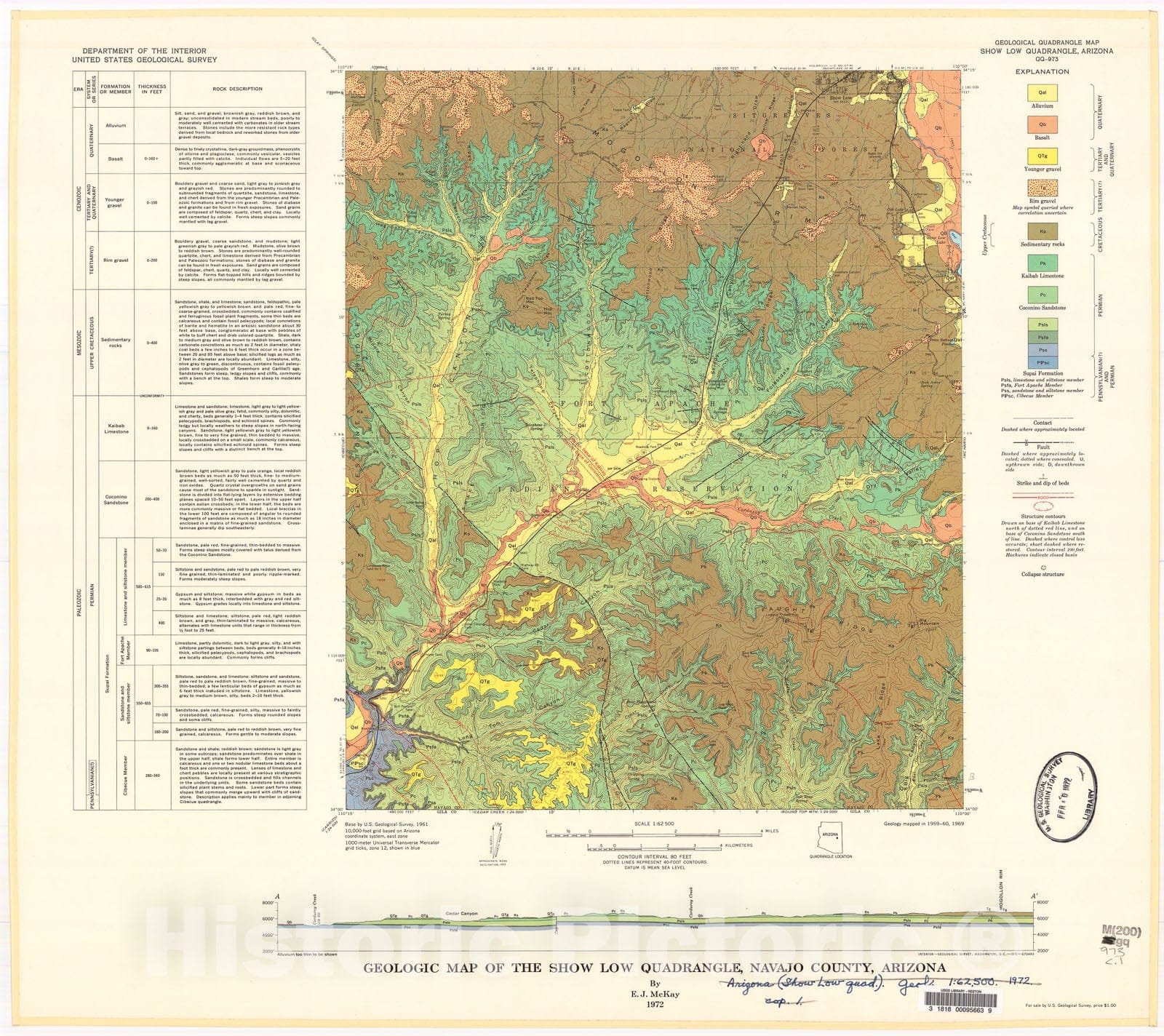 Map : Geologic map of the Show Low quadrangle, Navajo County, Arizona, 1972 Cartography Wall Art :