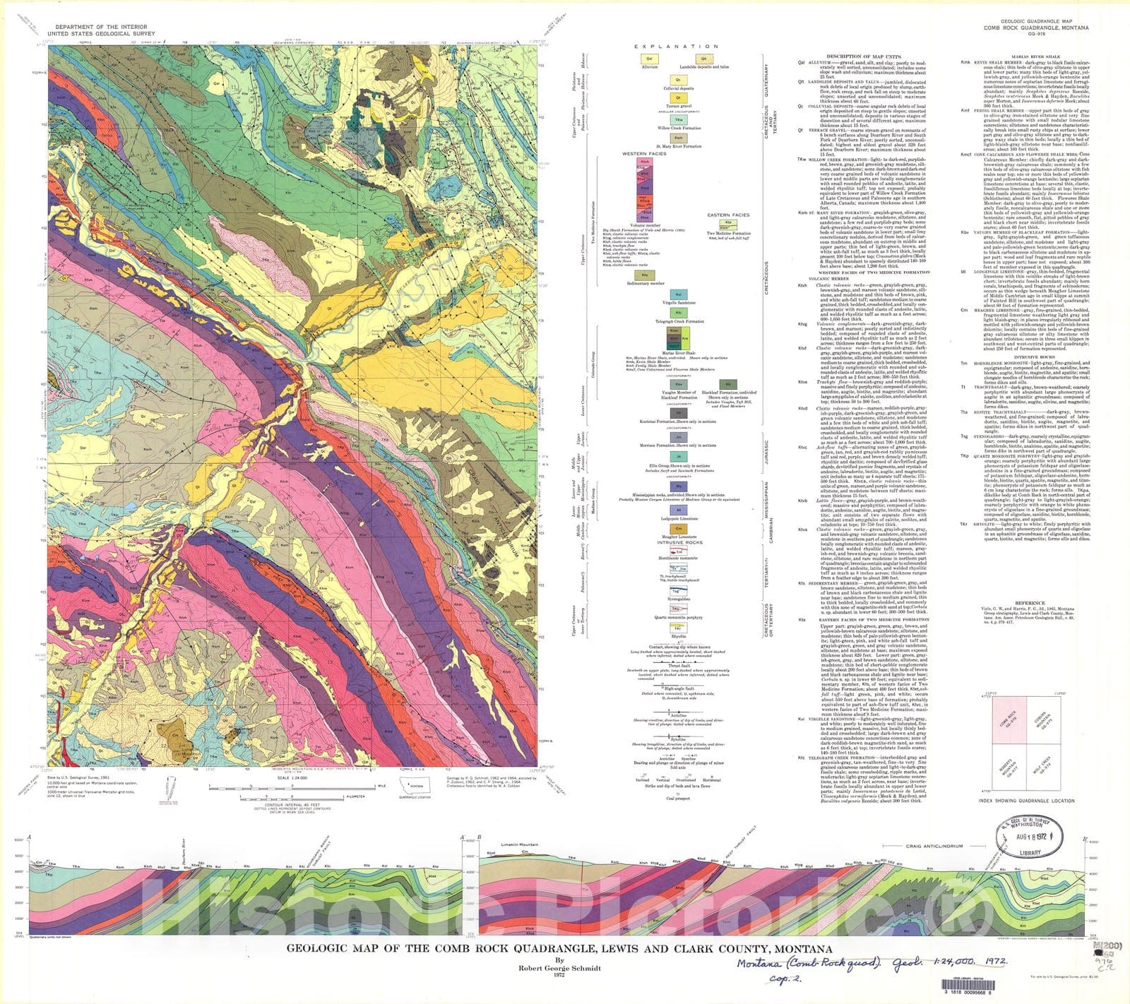 Map : Geologic map of the Comb Rock quadrangle, Lewis and Clark County, Montana, 1972 Cartography Wall Art :
