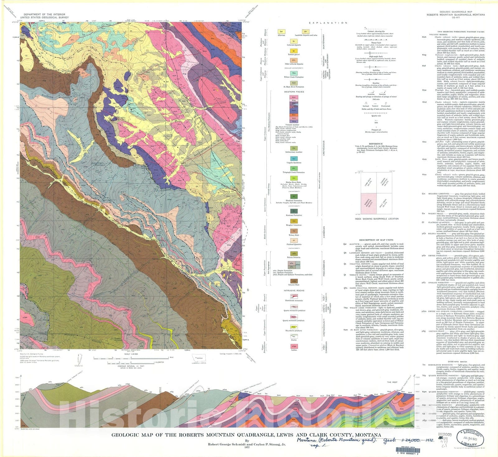 Map : Geologic map of the Roberts Mountain quadrangle, Lewis and Clark County, Montana, 1972 Cartography Wall Art :