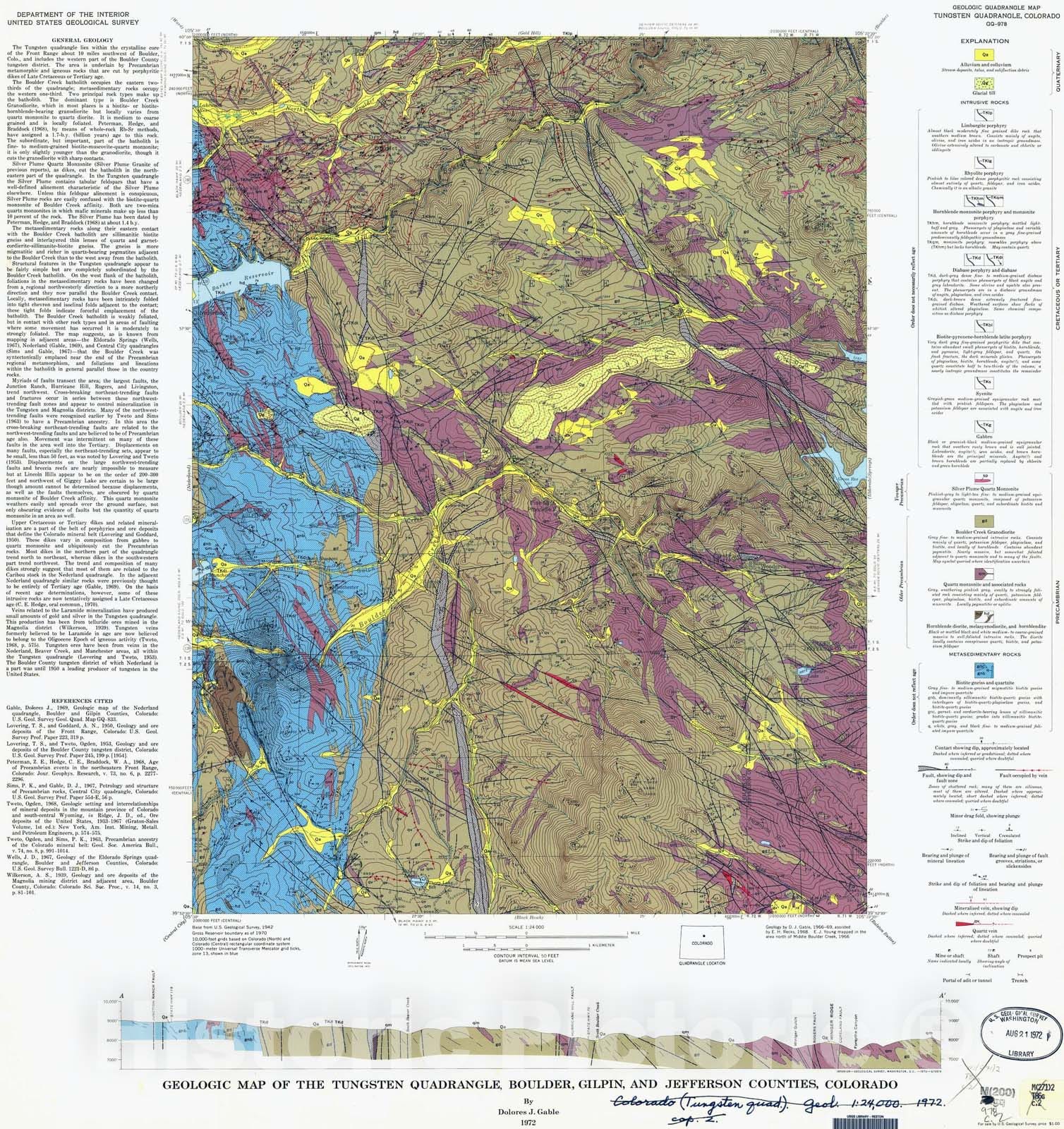 Map : Geologic map of the Tungsten quadrangle, Boulder, Gilpin, and Jefferson Counties, Colorado, 1972 Cartography Wall Art :