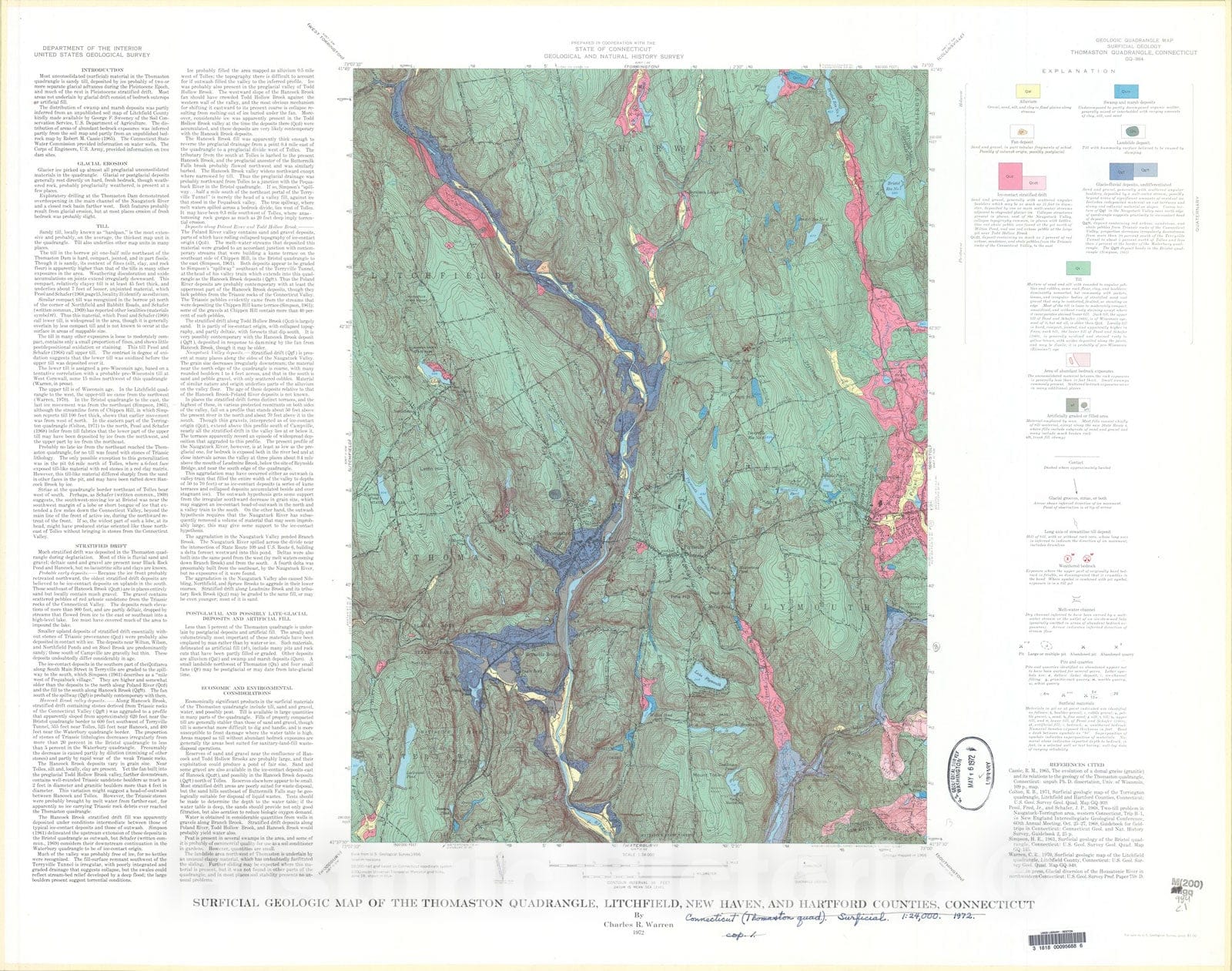 Map : Surficial geologic map of the Thomaston quadrangle, Litchfield, New Haven, and Hartford Counties, Connecticut, 1972 Cartography Wall Art :