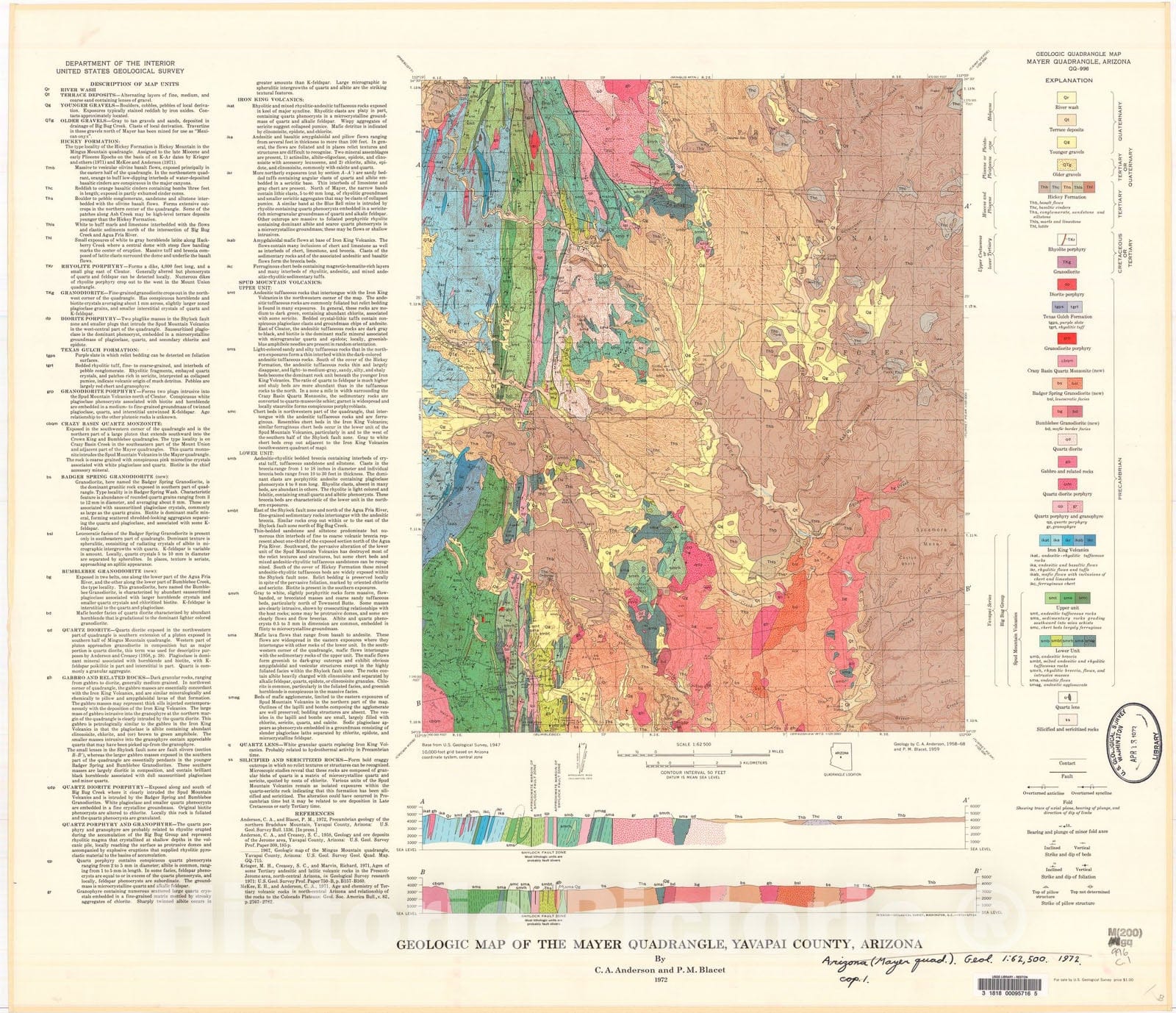 Map : Geologic map of the Mayer quadrangle, Yavapai County, Arizona, 1972 Cartography Wall Art :