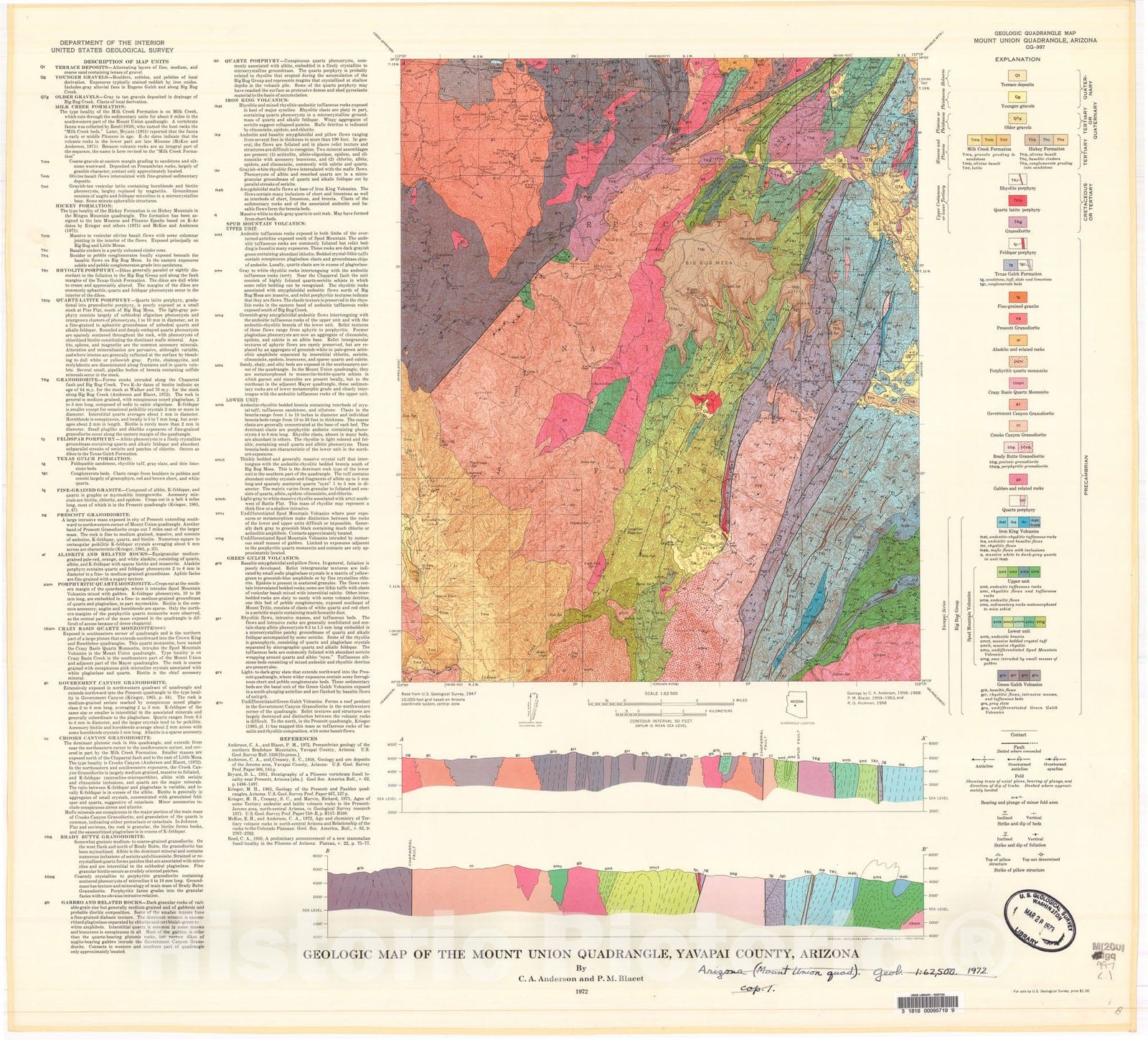Map : Geologic map of the Mount Union quadrangle, Yavapai County, Arizona, 1972 Cartography Wall Art :