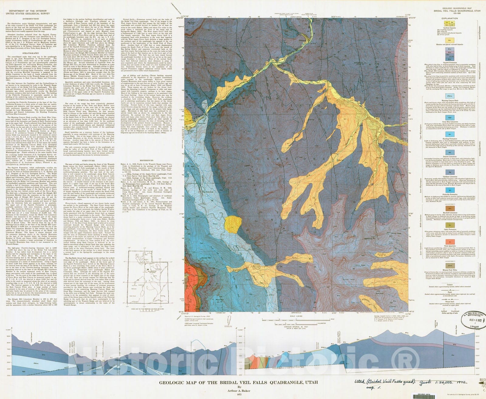 Map : Geologic map of the Bridal Veil Falls quadrangle, Utah, 1972 Cartography Wall Art :