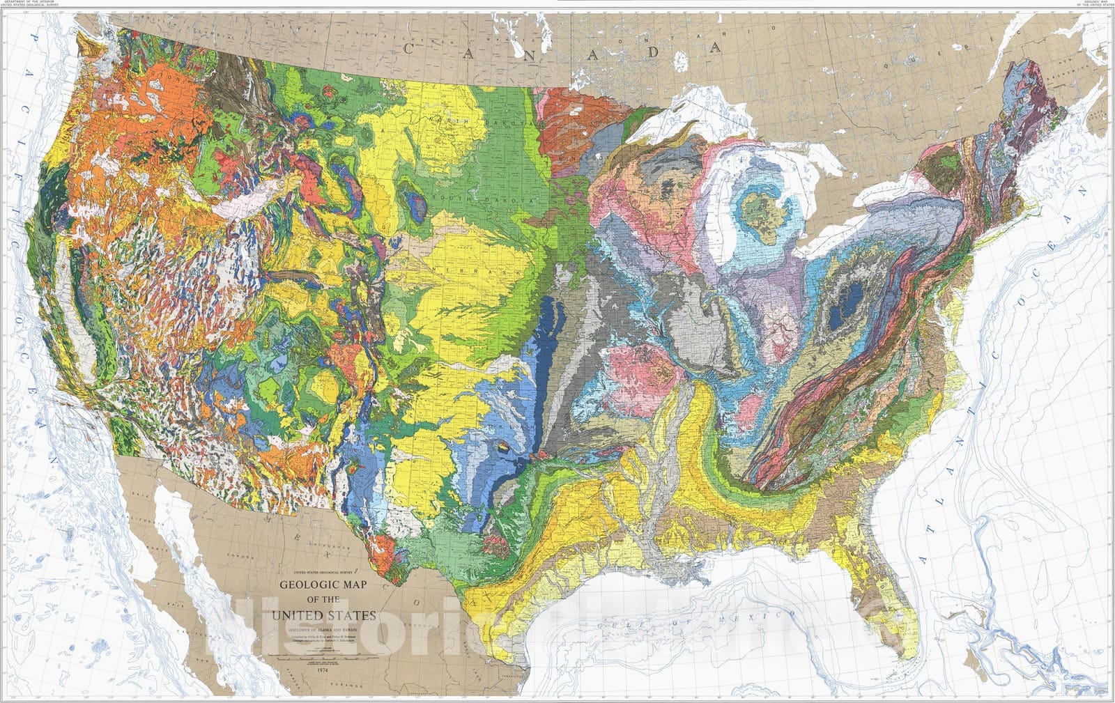 Map : Geology of the Conterminous United States at 1:2,500,000 Scale -- A Digital Representation of the 1974 P.B. King and H.M. Beikman Map, 1994 Cartography Wall Art :