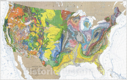 Map : Geology of the Conterminous United States at 1:2,500,000 Scale -- A Digital Representation of the 1974 P.B. King and H.M. Beikman Map, 1994 Cartography Wall Art :