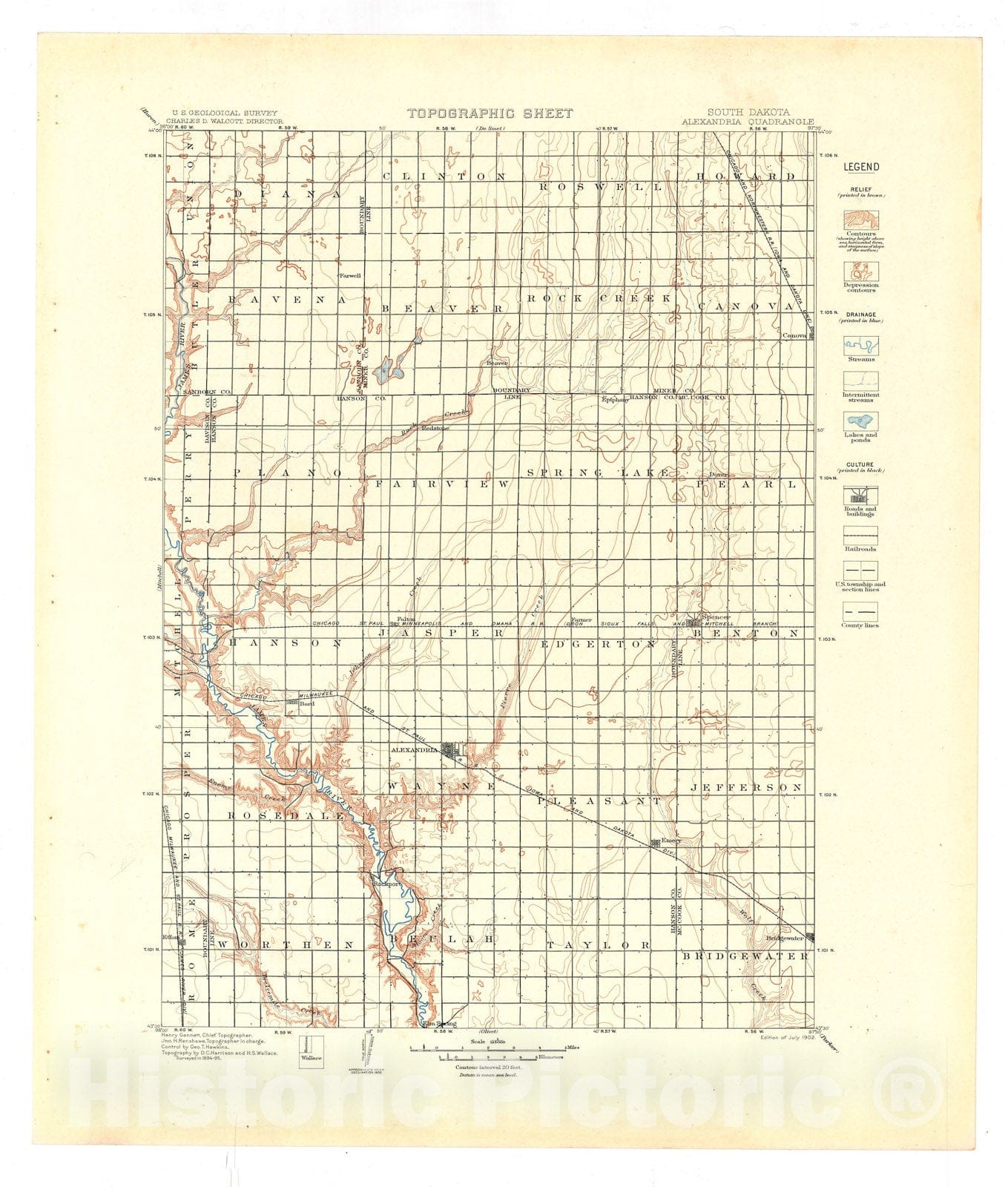 Map : Alexandria folio, South Dakota, 1903 Cartography Wall Art :