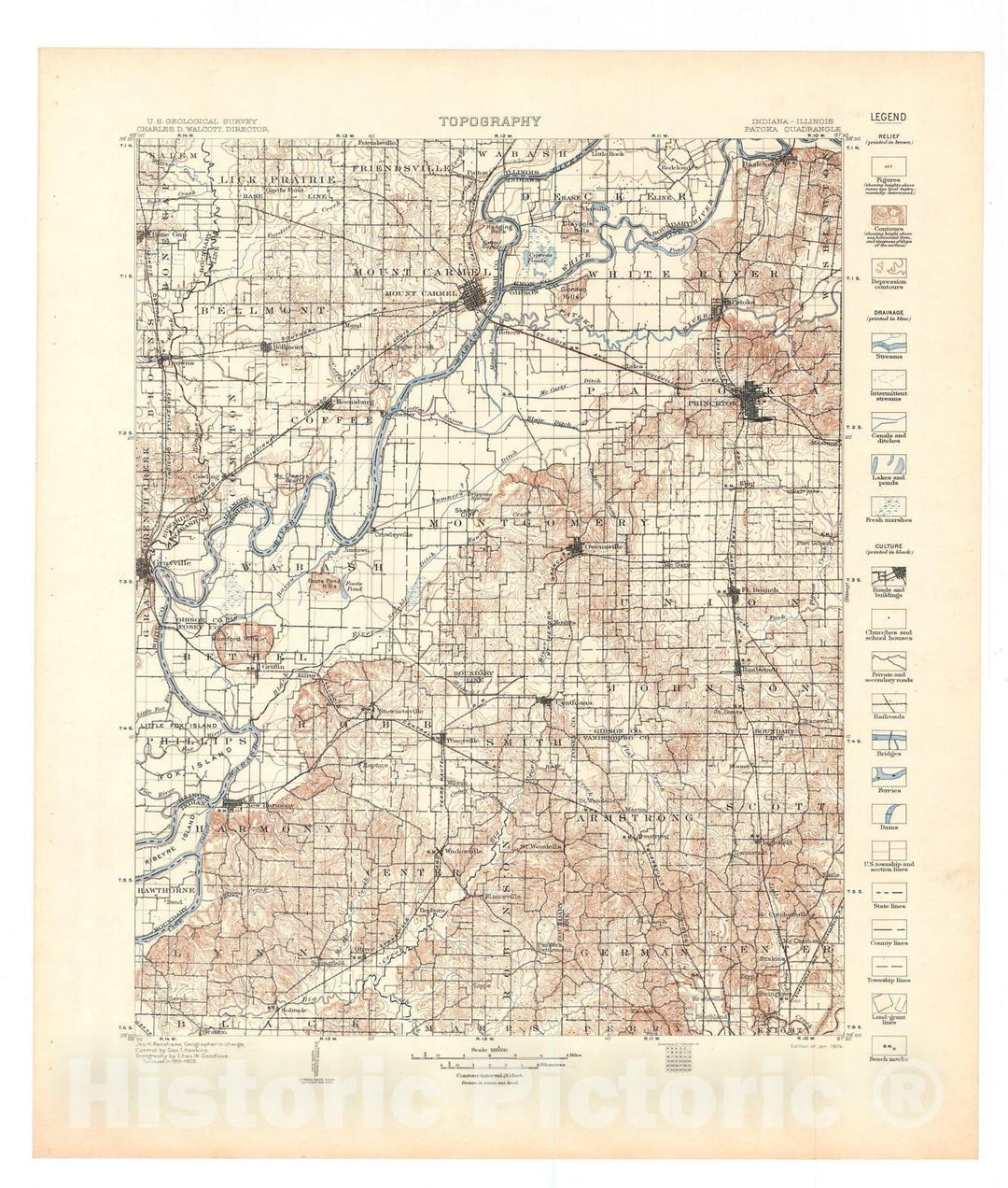 Map : Patoka folio, Indiana-Illinois, 1904 Cartography Wall Art :