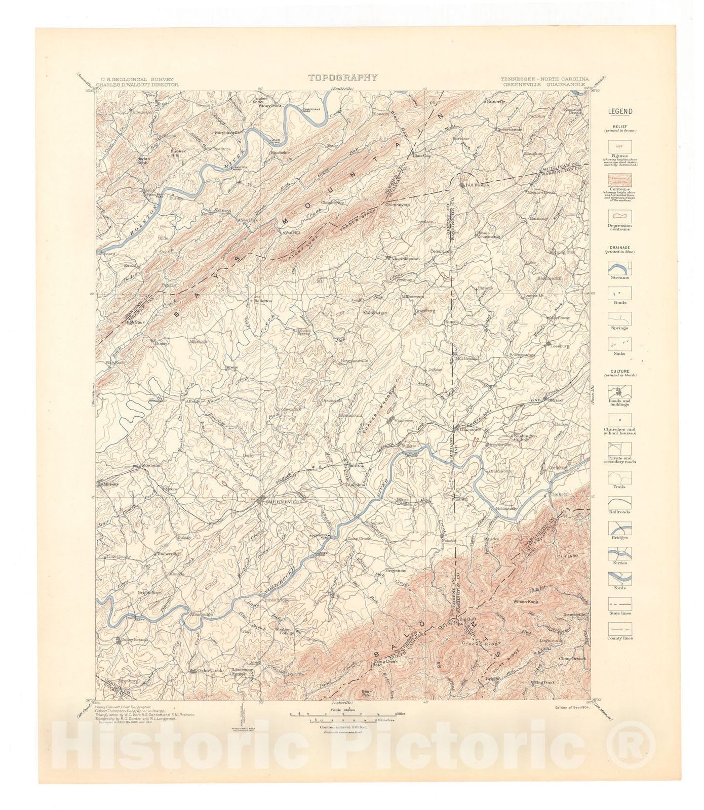 Map : Greeneville folio, Tennessee-North Carolina, 1905 Cartography Wall Art :