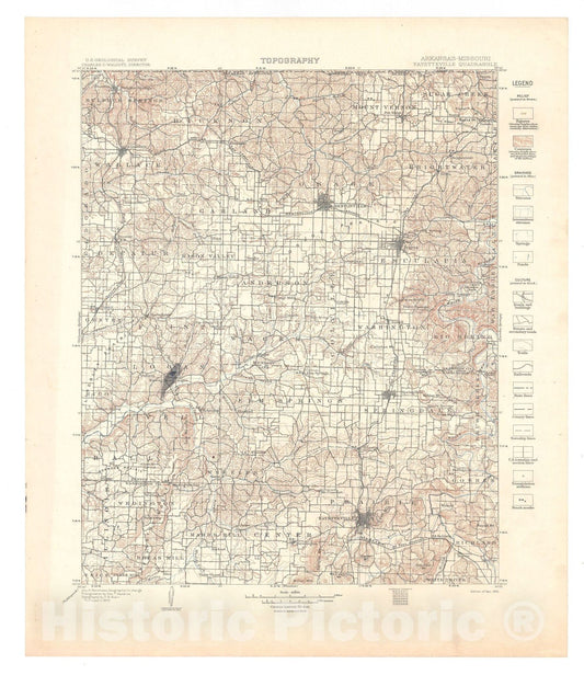 Map : Fayetteville folio, Arkansas-Missouri, 1905 Cartography Wall Art :