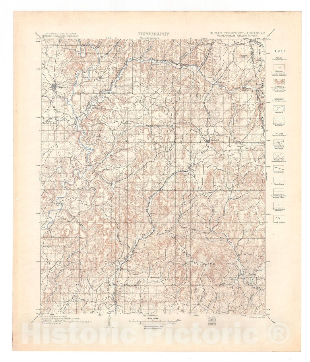 Map : Tahlequah folio, Indian Territory-Arkansas, 1905 Cartography Wall Art :