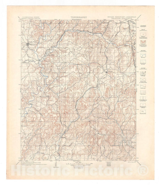 Map : Tahlequah folio, Indian Territory-Arkansas, 1905 Cartography Wall Art :