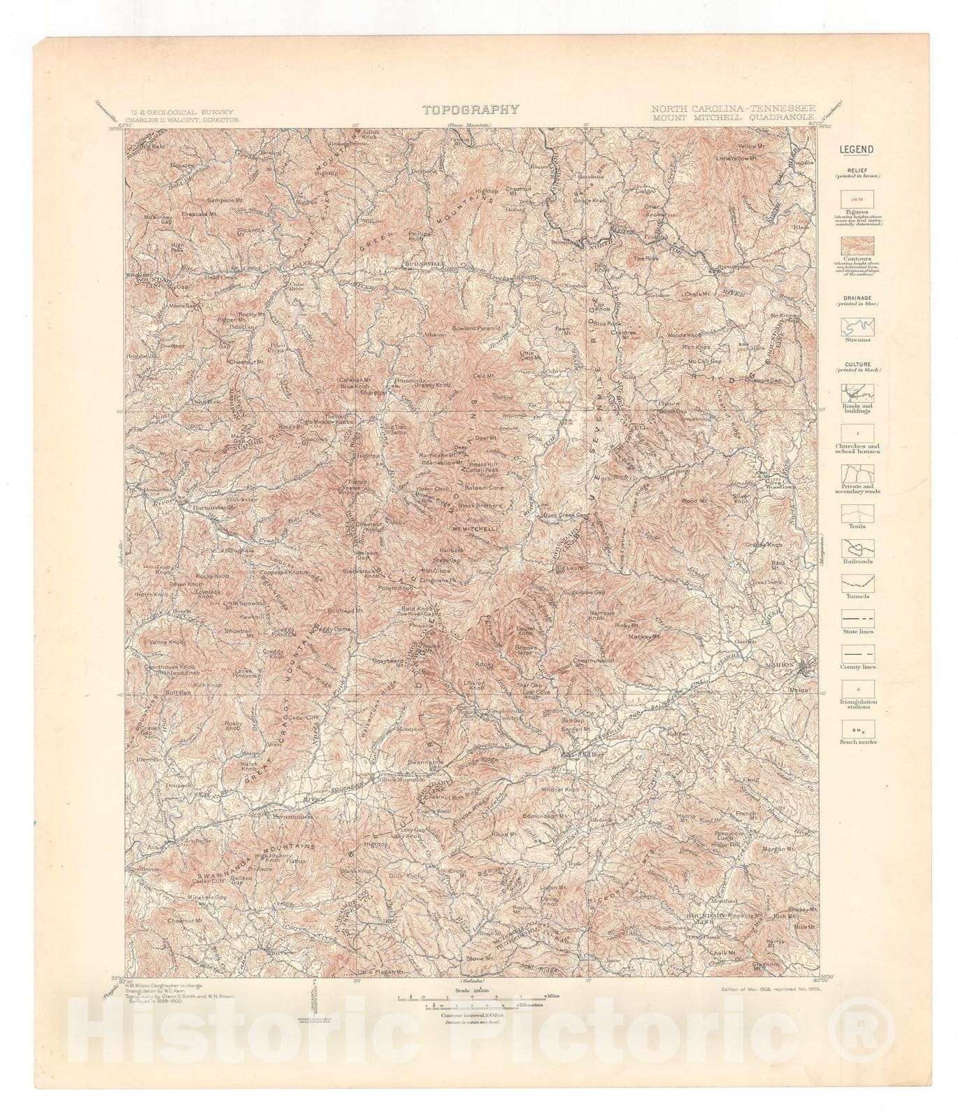 Map : Mount Mitchell folio, North Carolina-Tennessee, 1905 Cartography Wall Art :