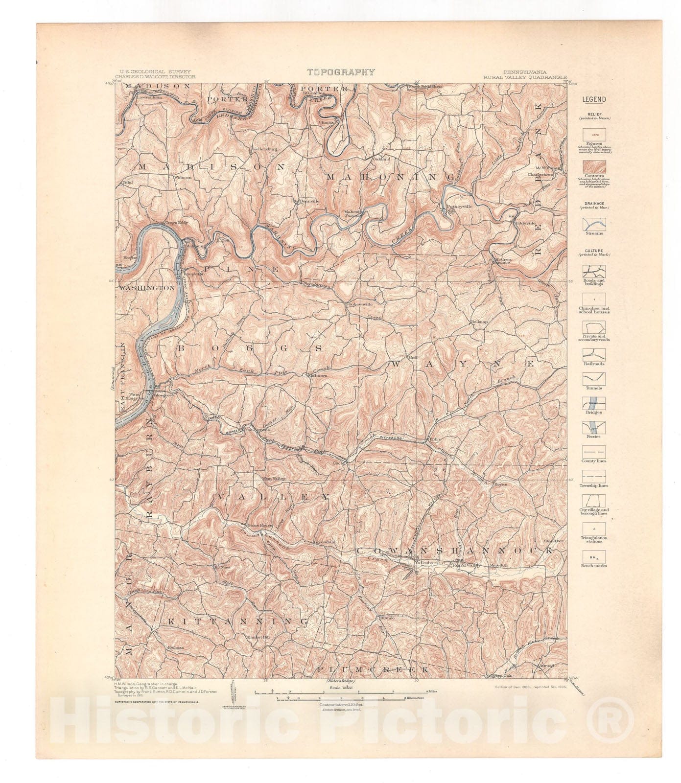 Map : Rural Valley folio, Pennsylvania, 1905 Cartography Wall Art :