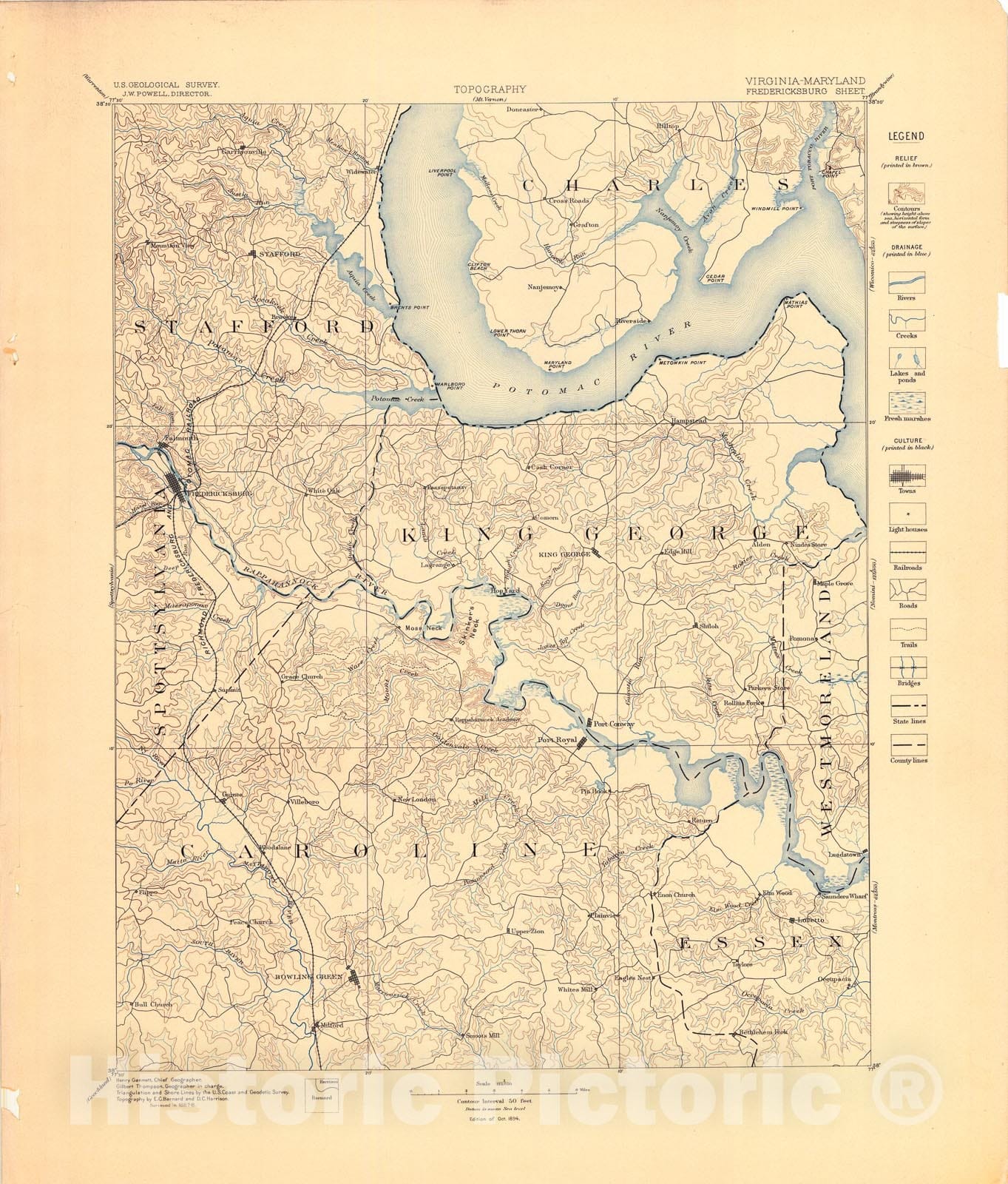 Map : Fredericksburg folio, Virginia-Maryland, 1894 Cartography Wall Art :